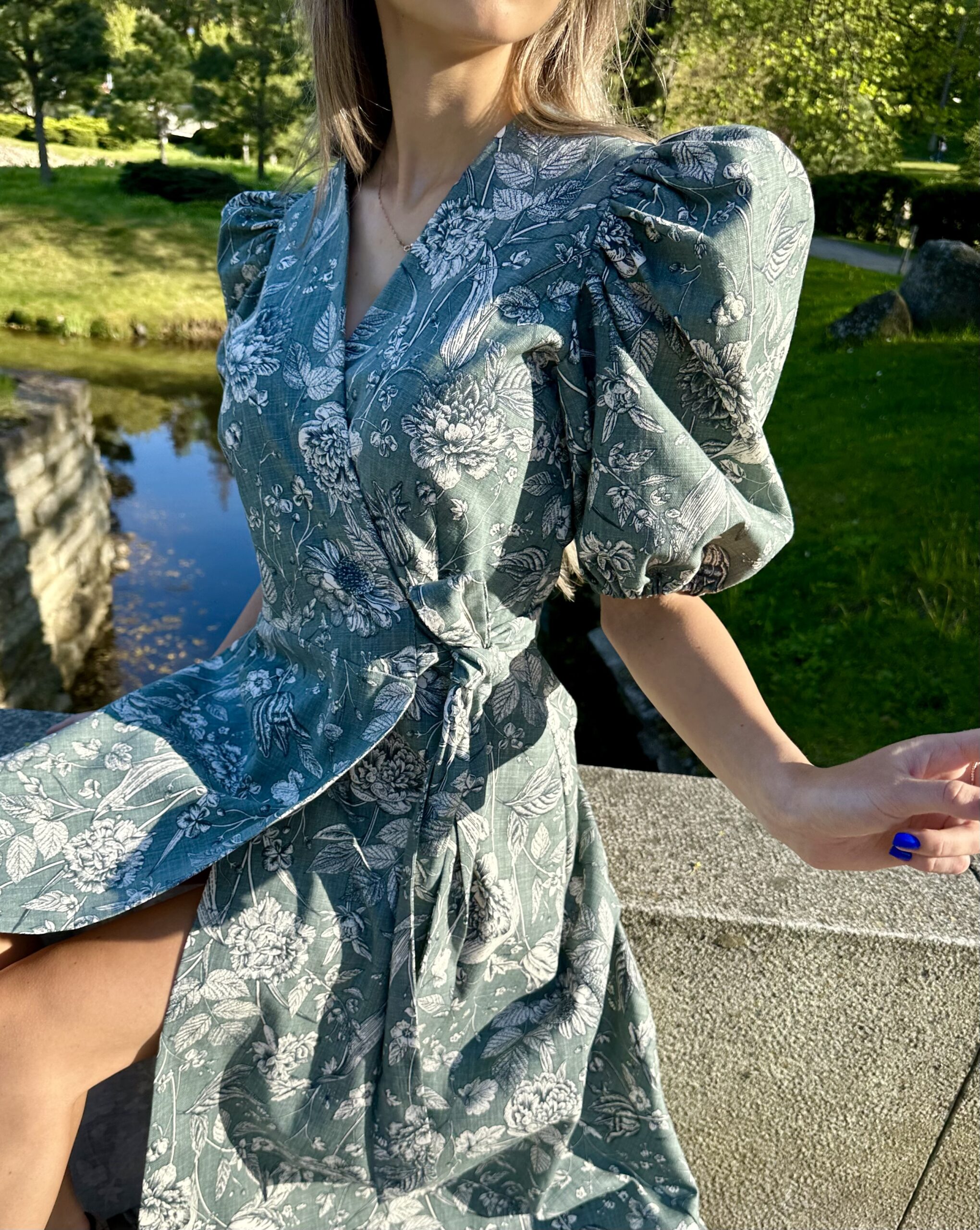 Forest calm ash green color cotton long dress