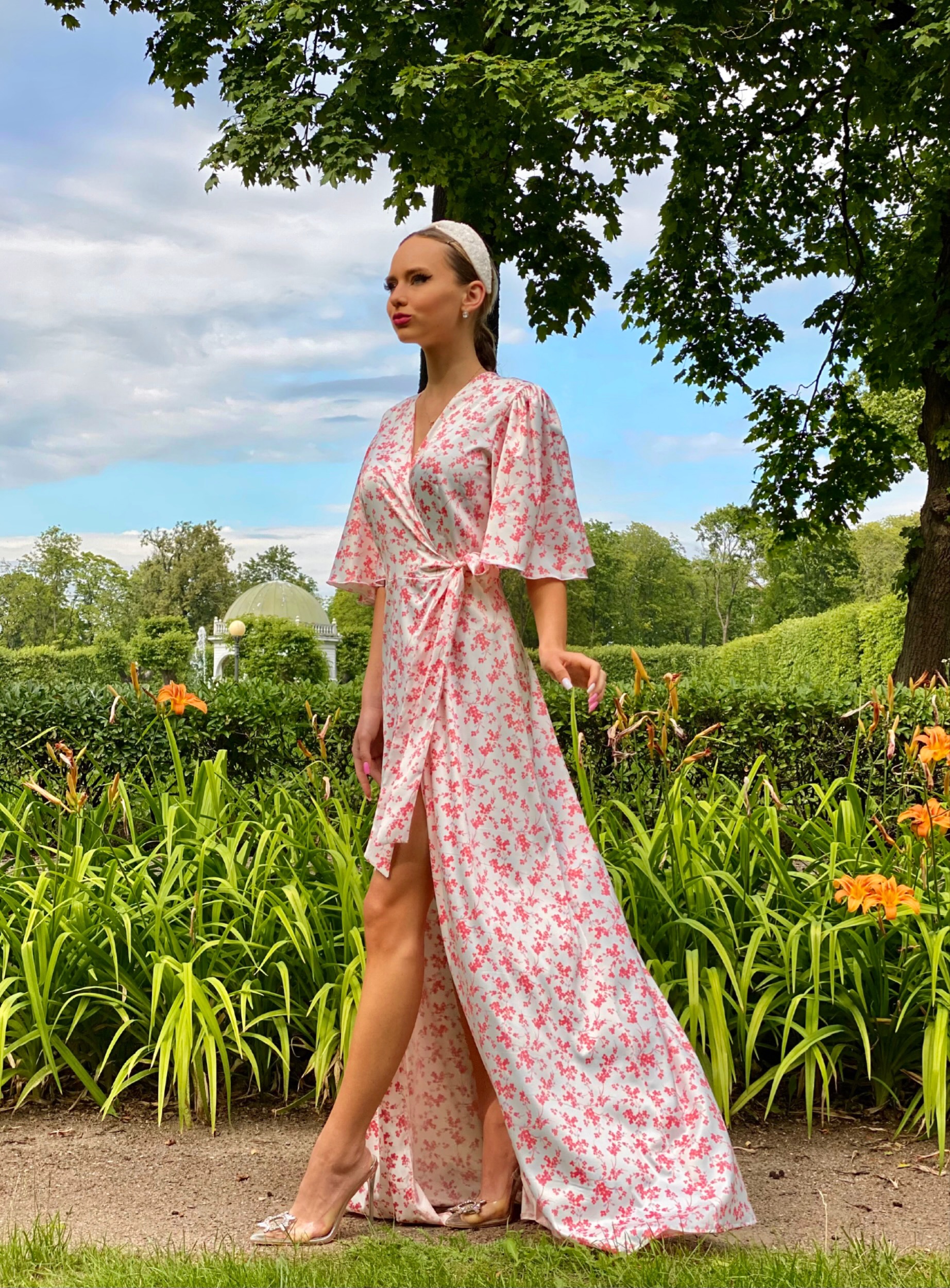 Delicate silk apricot flowers dress
