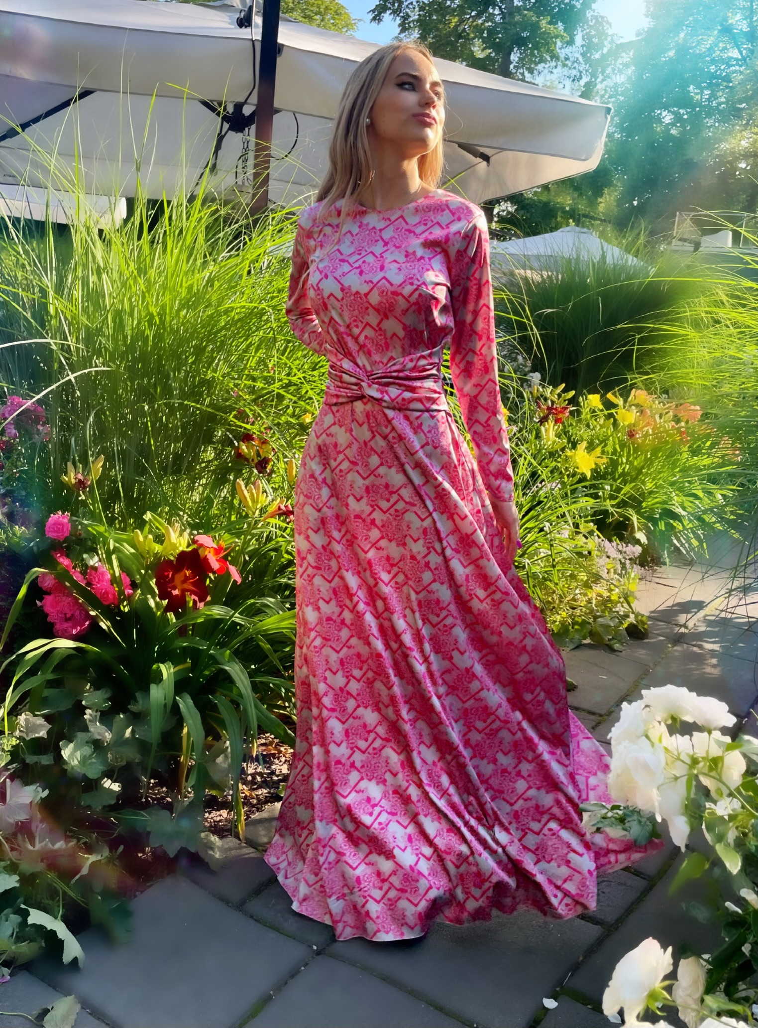 Silk satin grey candy pink color dress