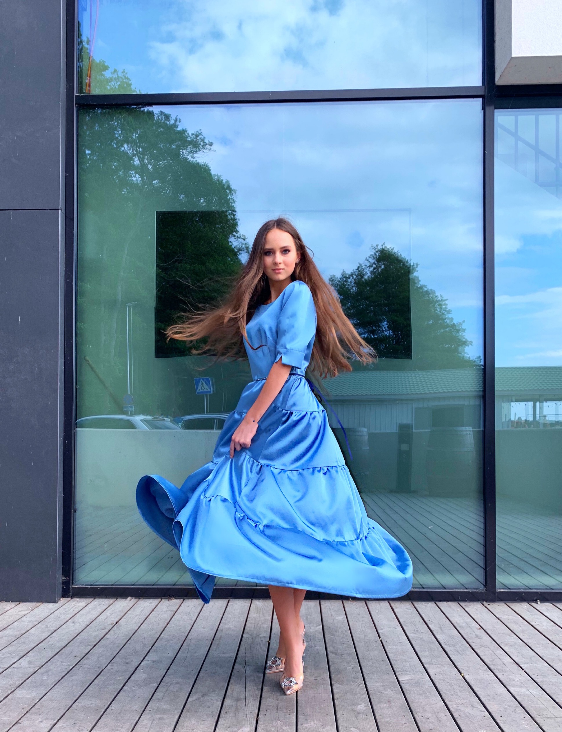 Sky blue waves dress with Swarovski crystals belt