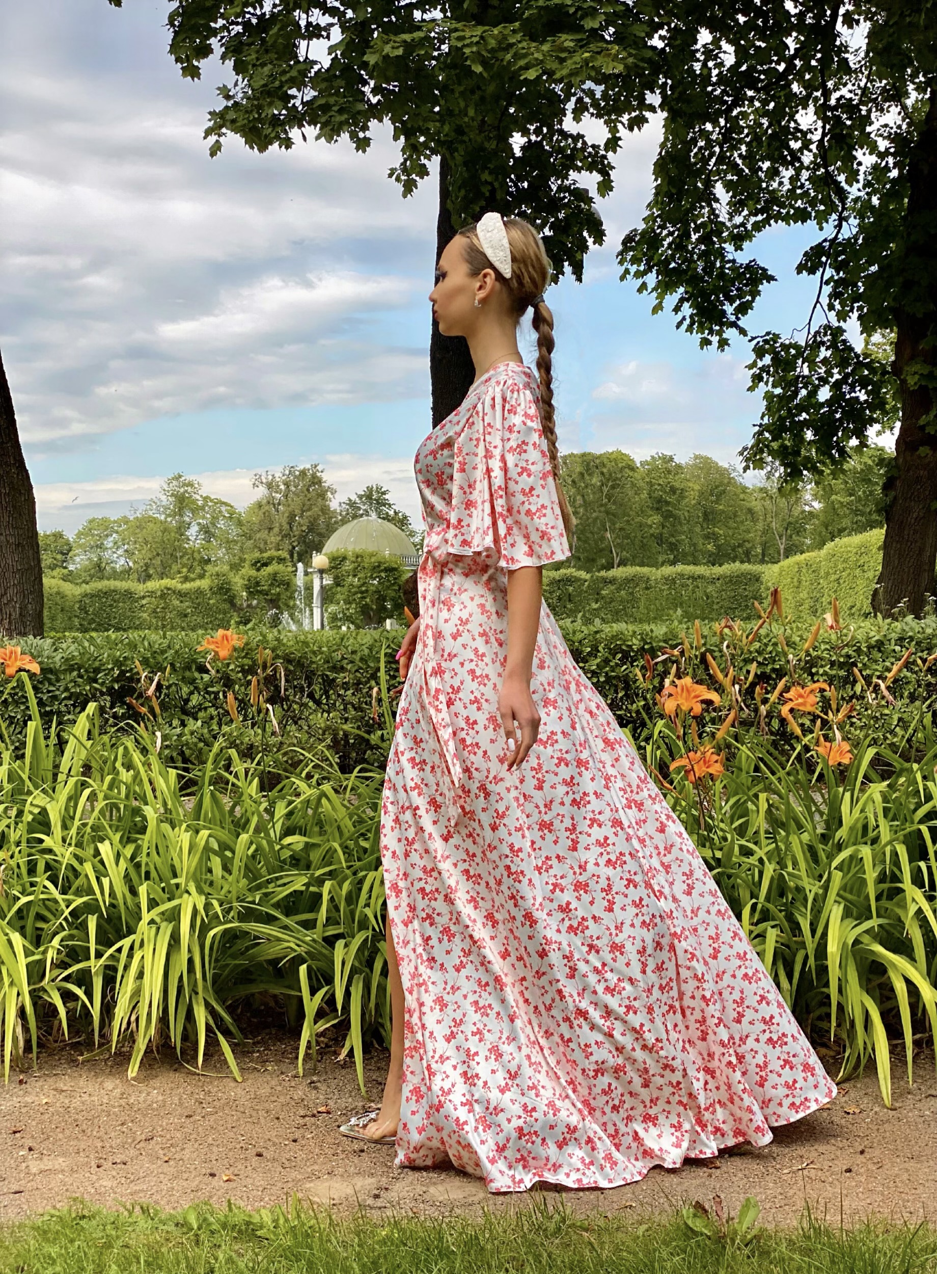 Delicate silk apricot flowers dress