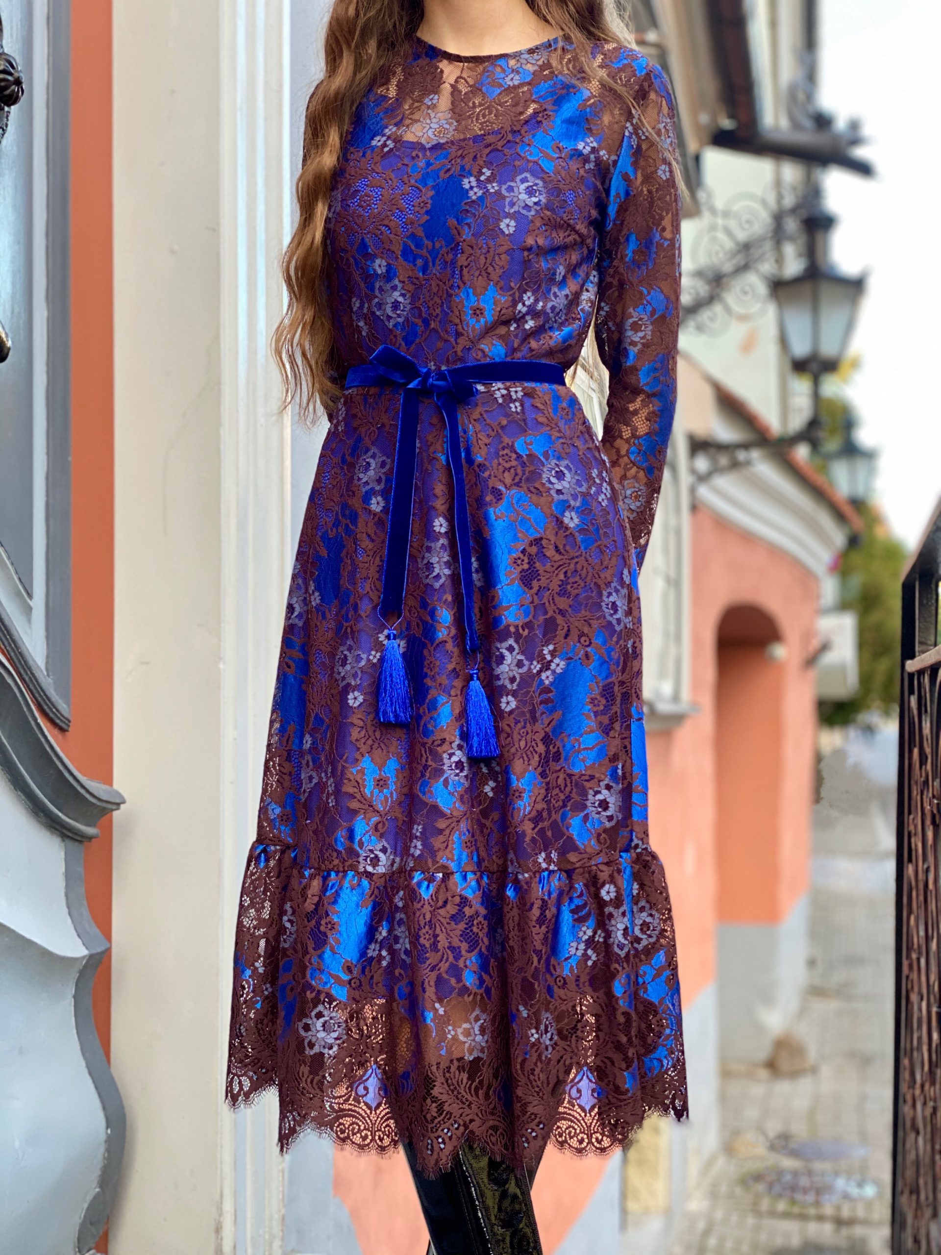 Chocolate blue lace dress with belt