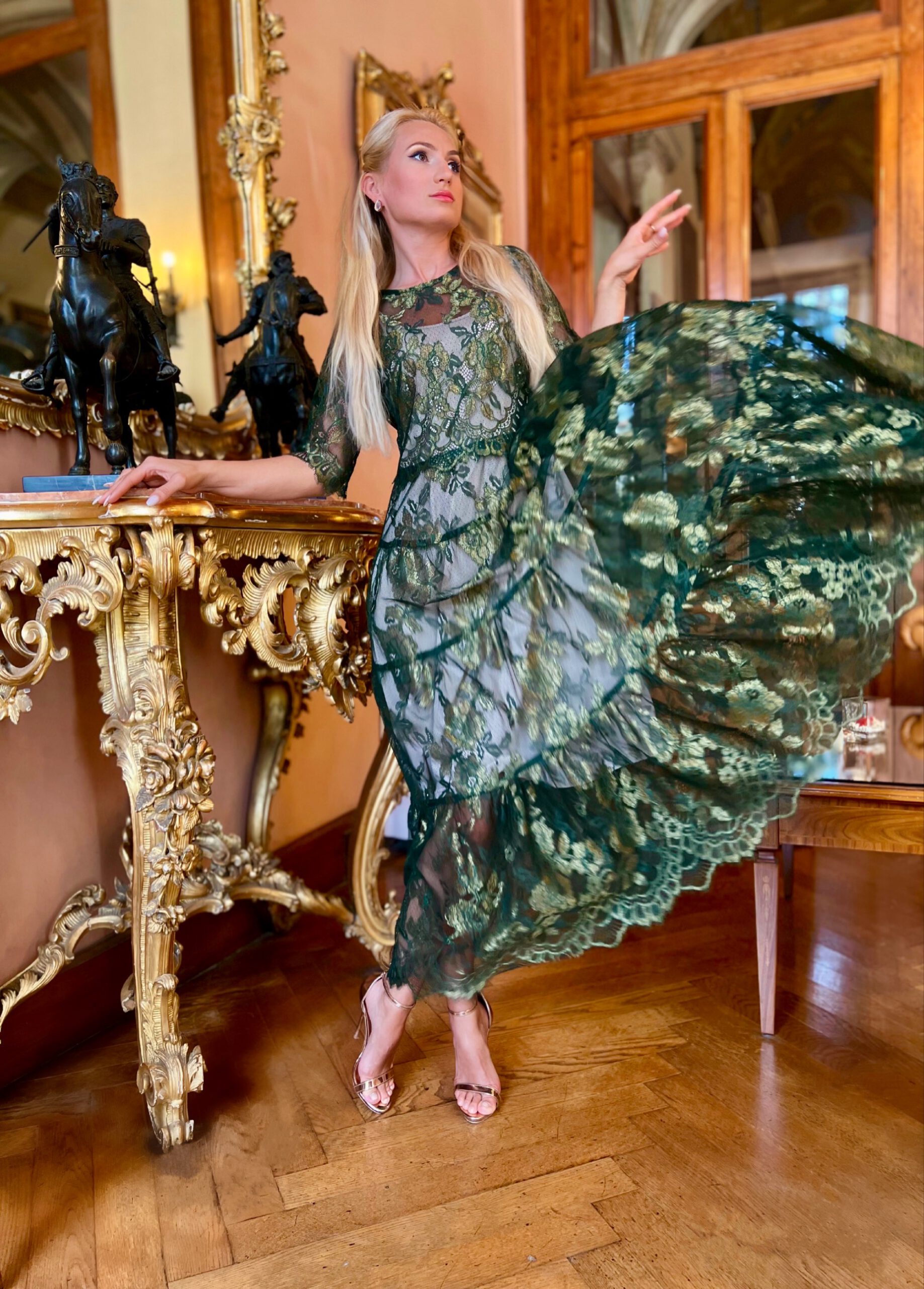 Emerald golden green lace dress
