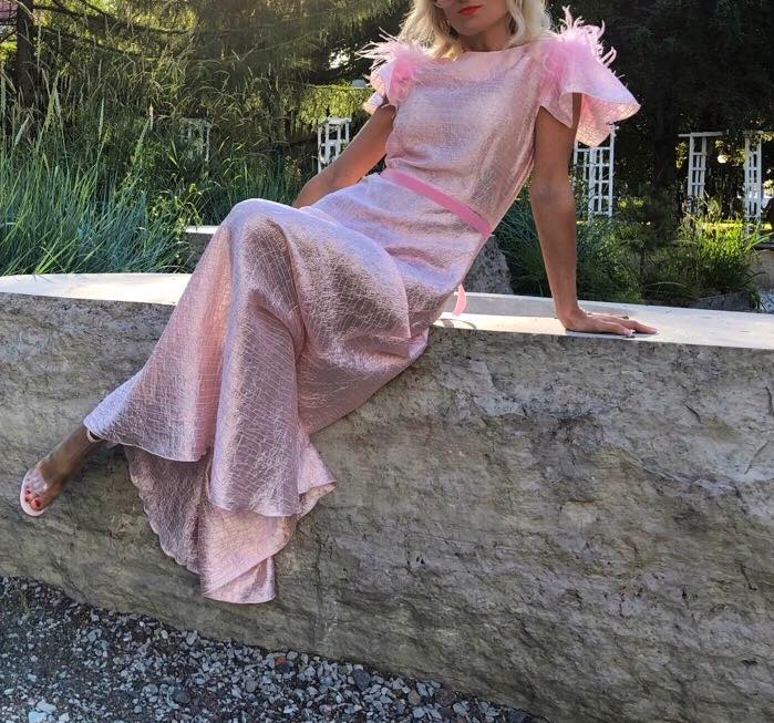 Pink feather long dress