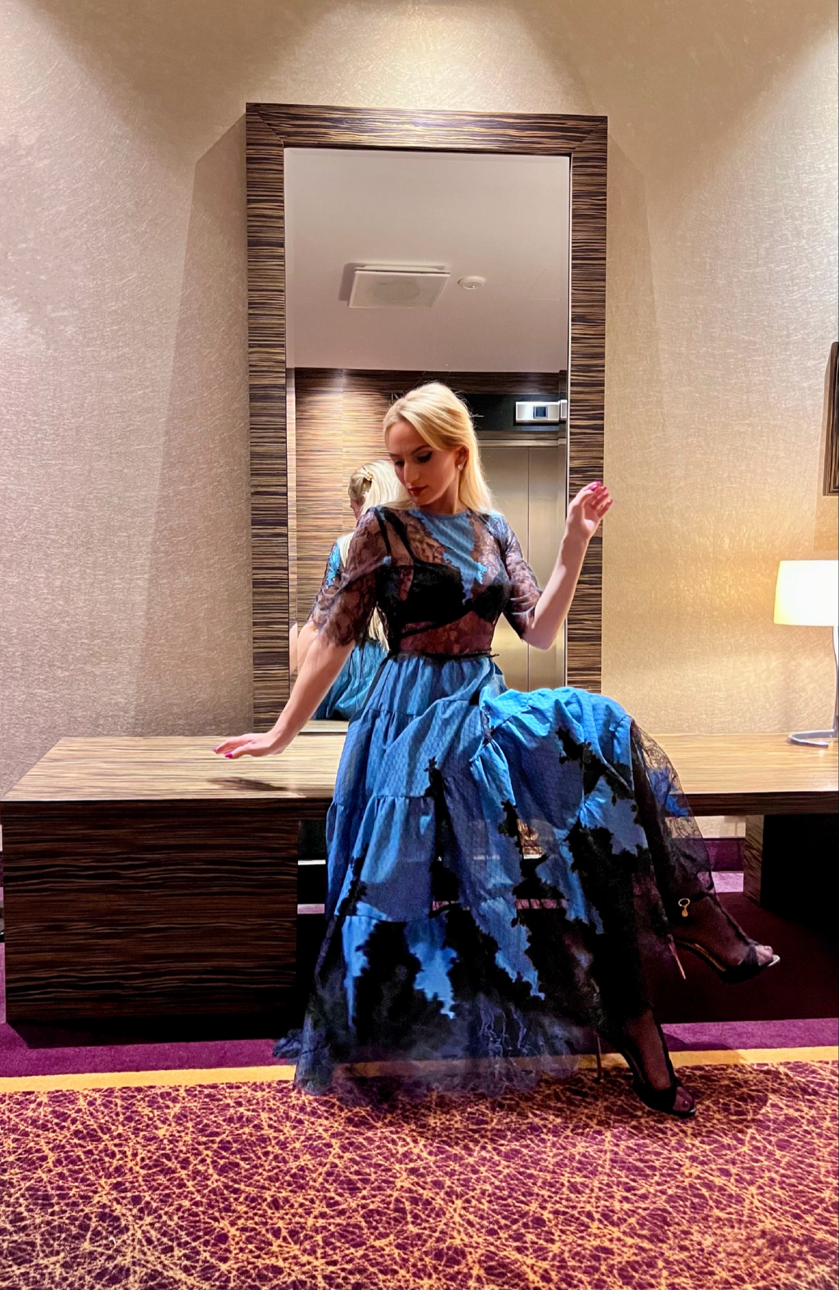Blue and black color exclusive lace dress with sparkle belt