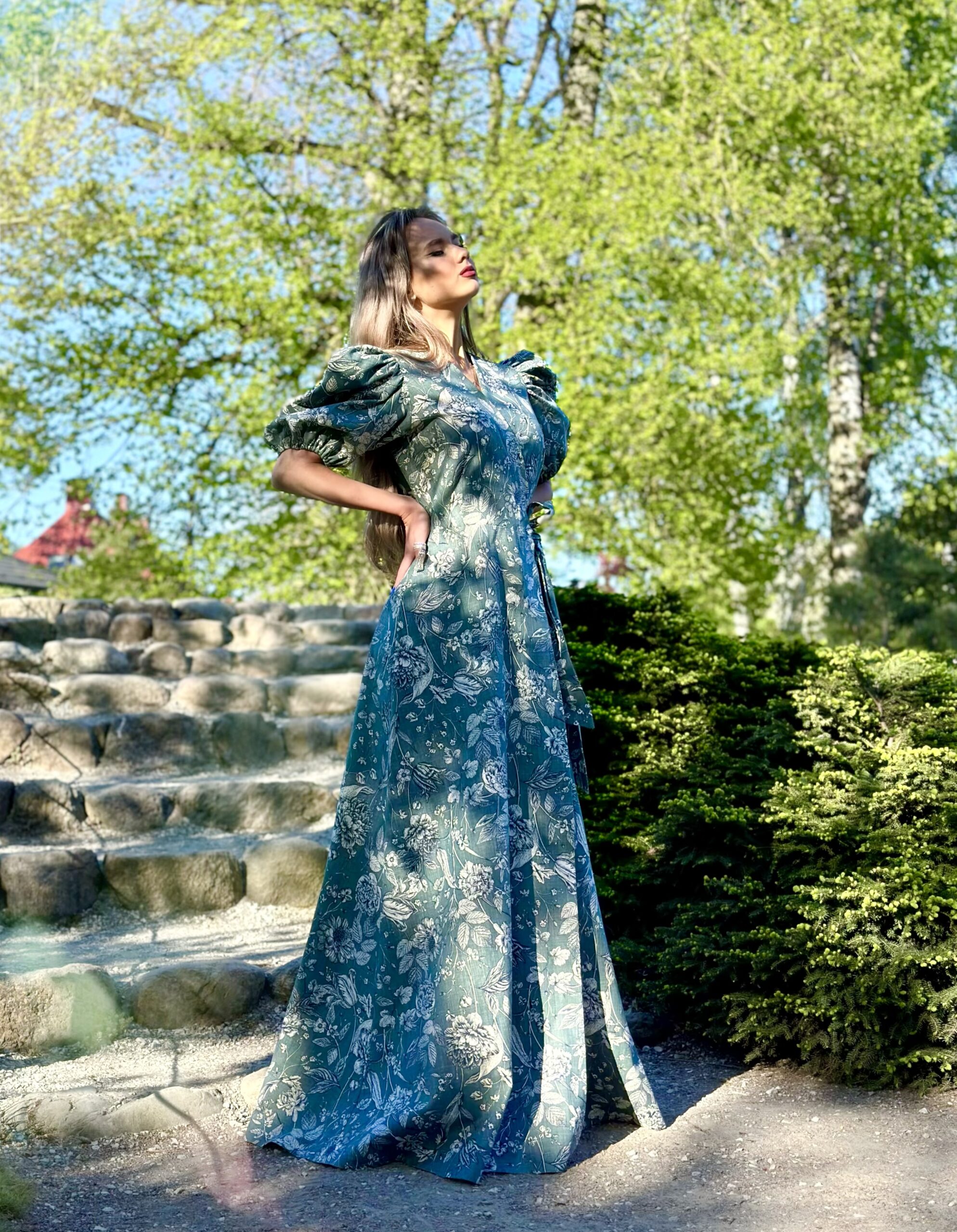 Forest calm ash green color cotton long dress