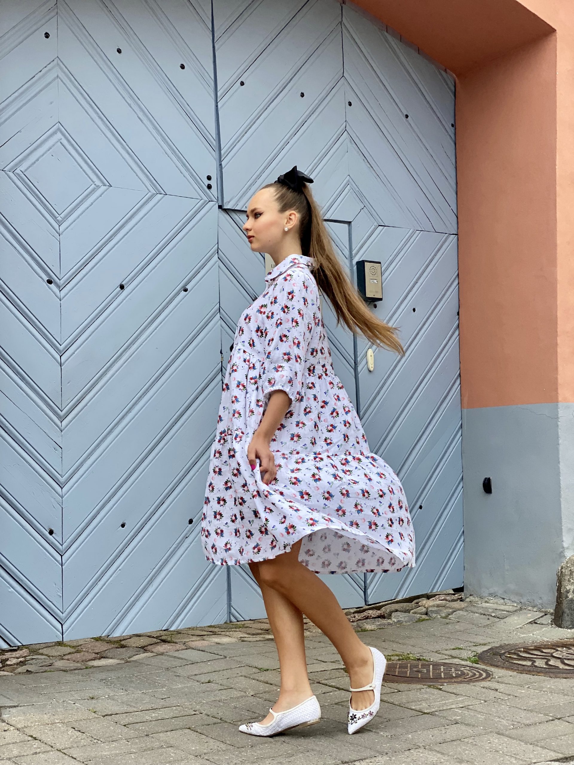 White with flowers volan dress