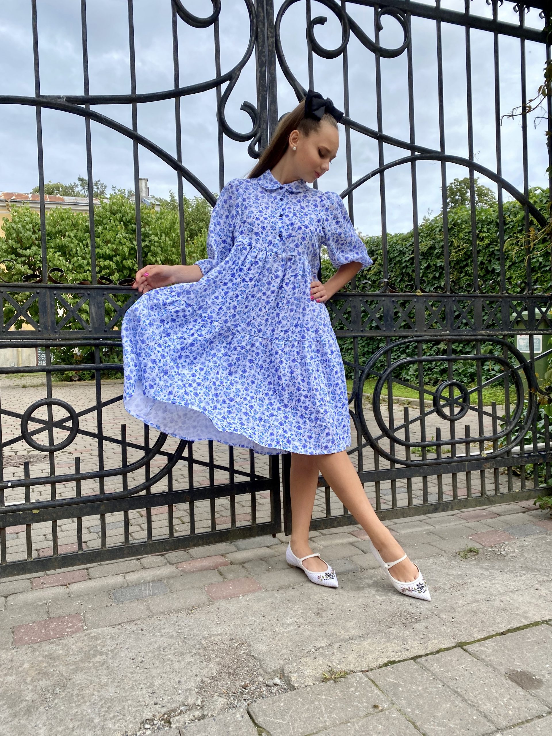 Sky blue flowers volan dress