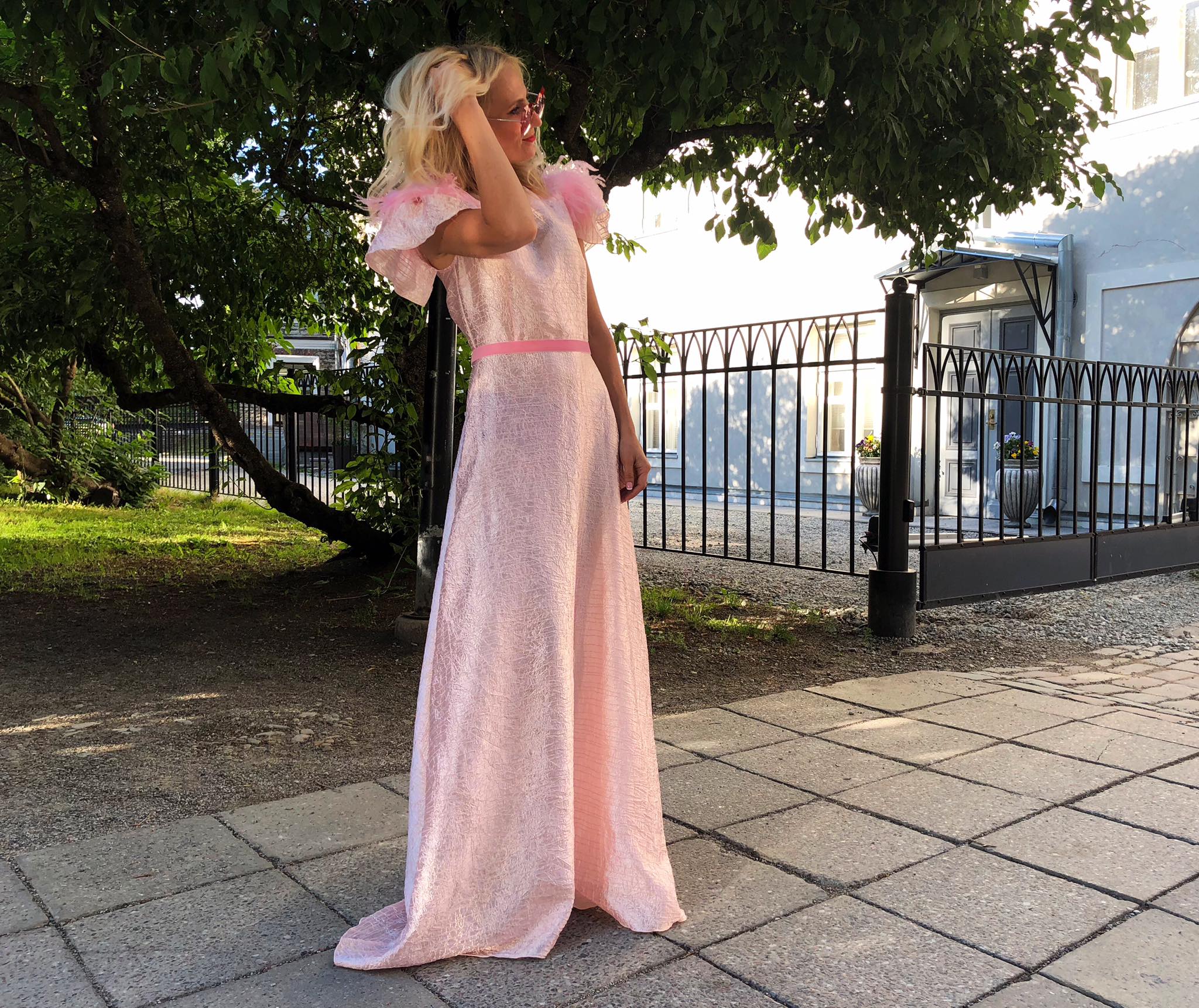 Pink feather long dress