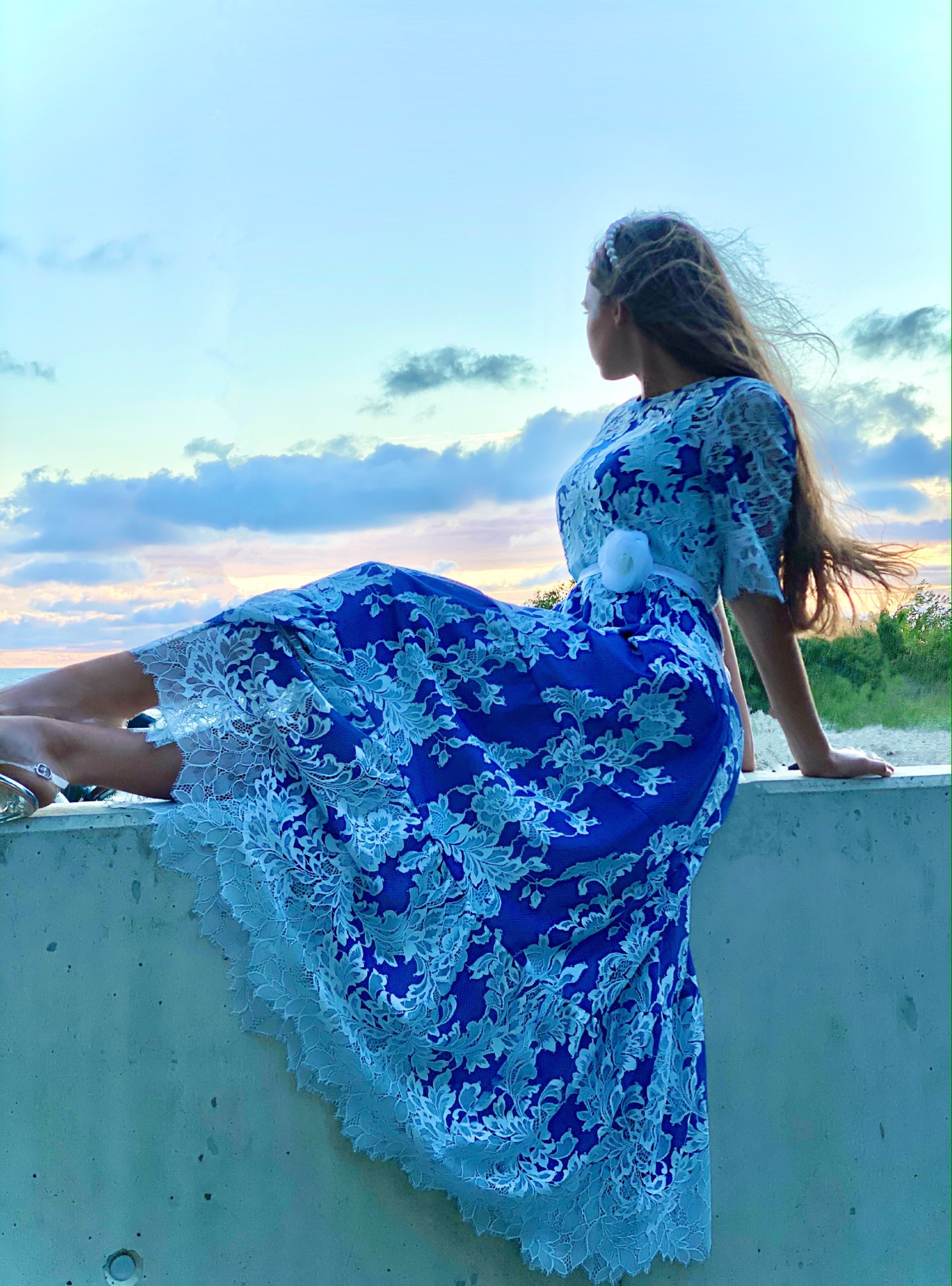 Sky blue lace dress with belt and under dress
