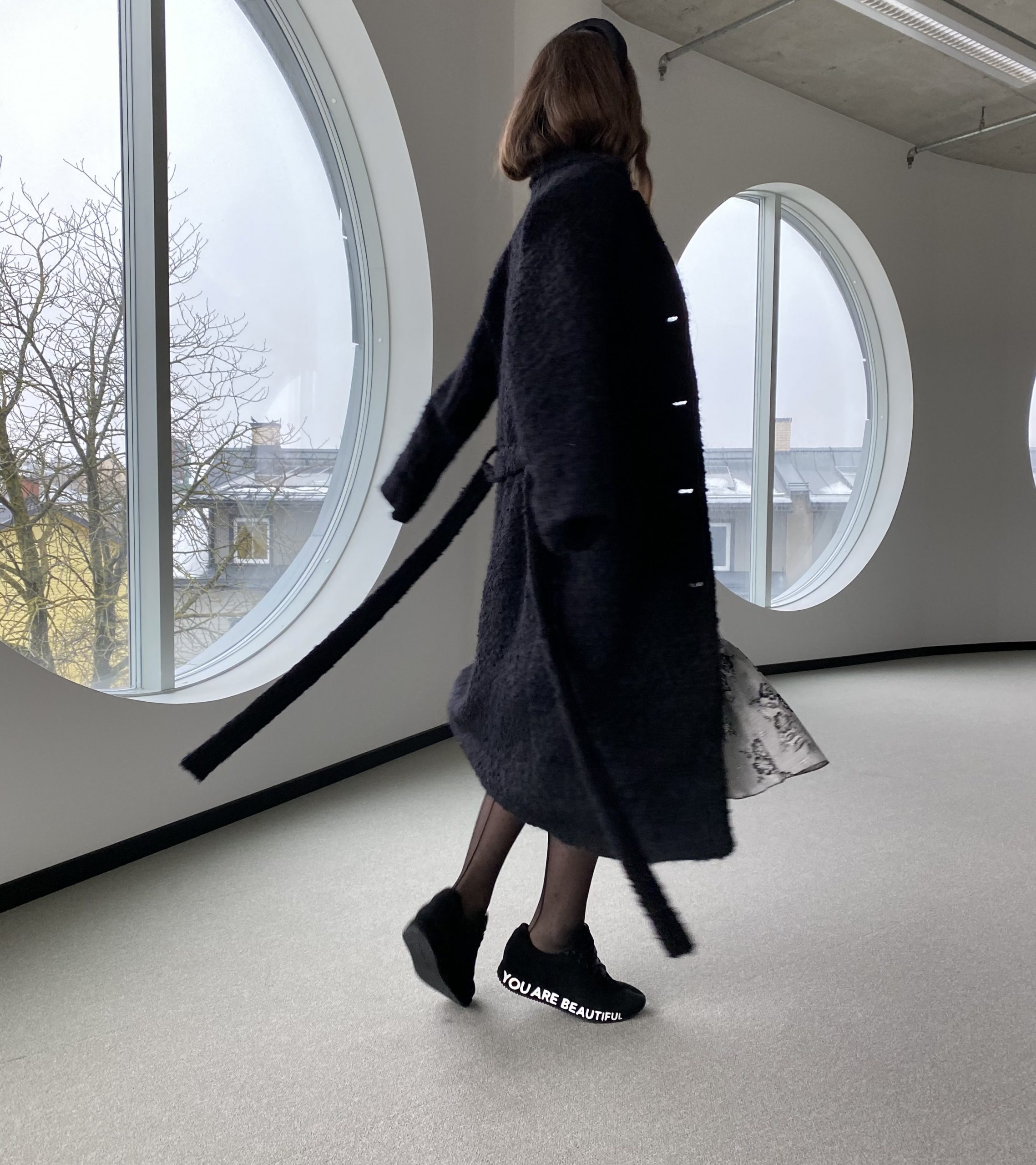 Fluffy black wool coat with silver buttons