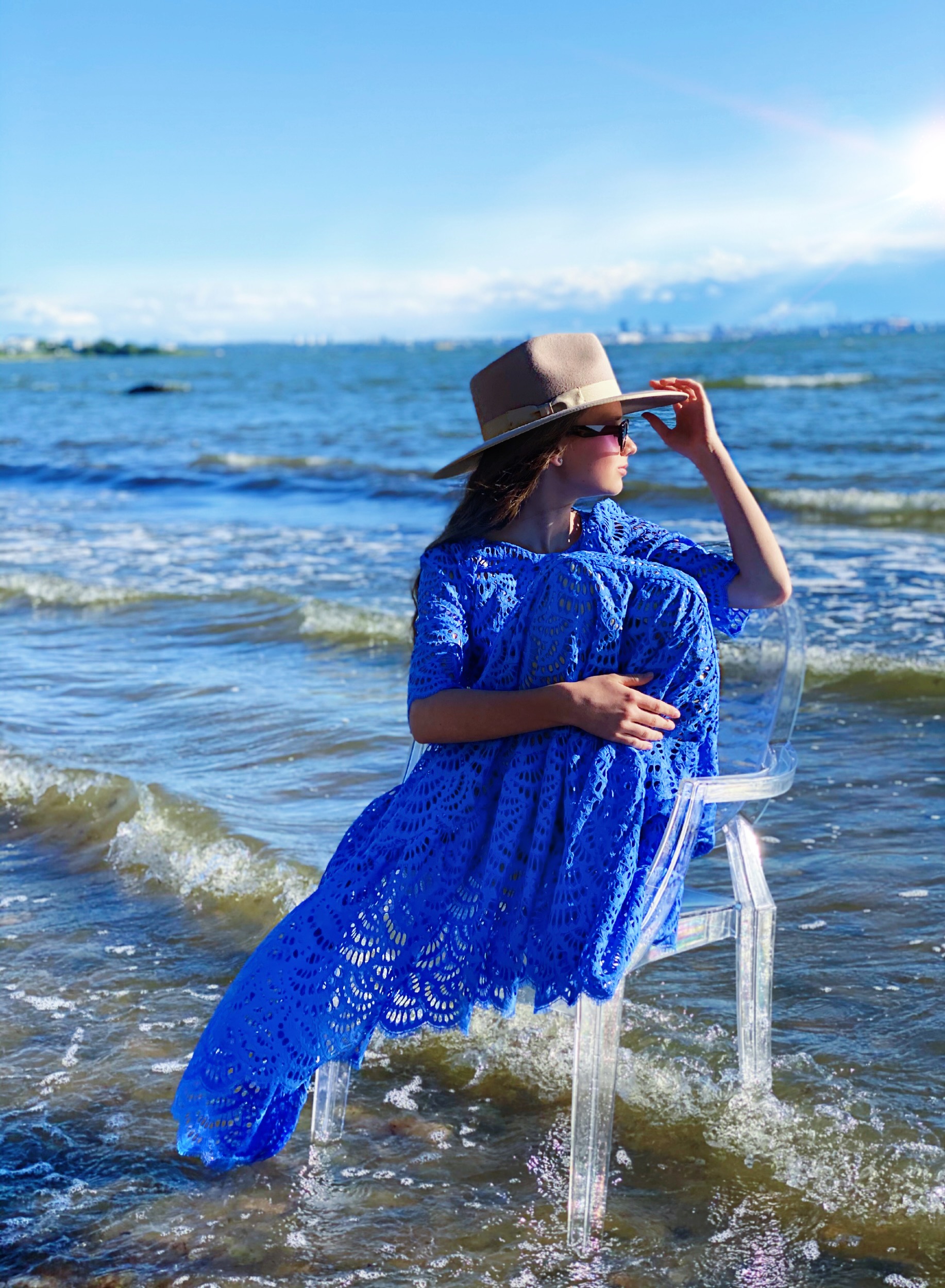 Ultra blue lace dress with belt and under dress