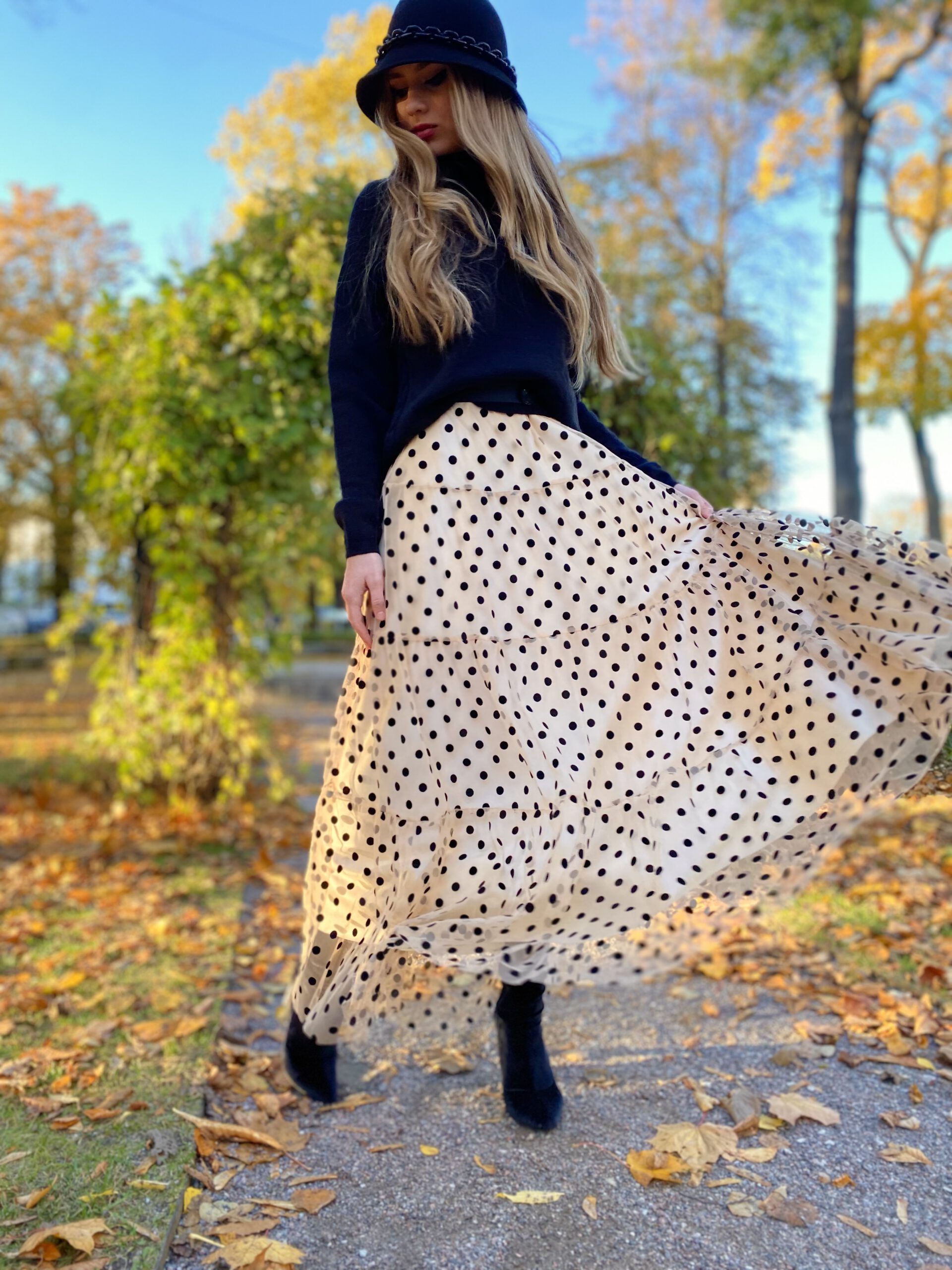 Nude black polka dot dress with belt