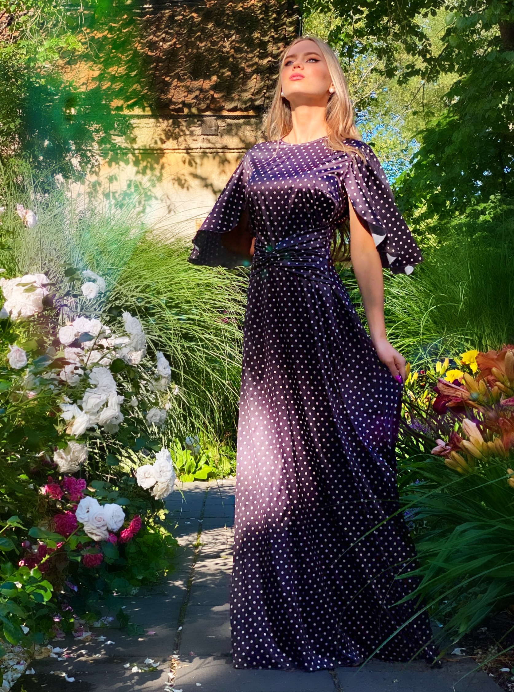 Silk satin chocolate polka dot dress