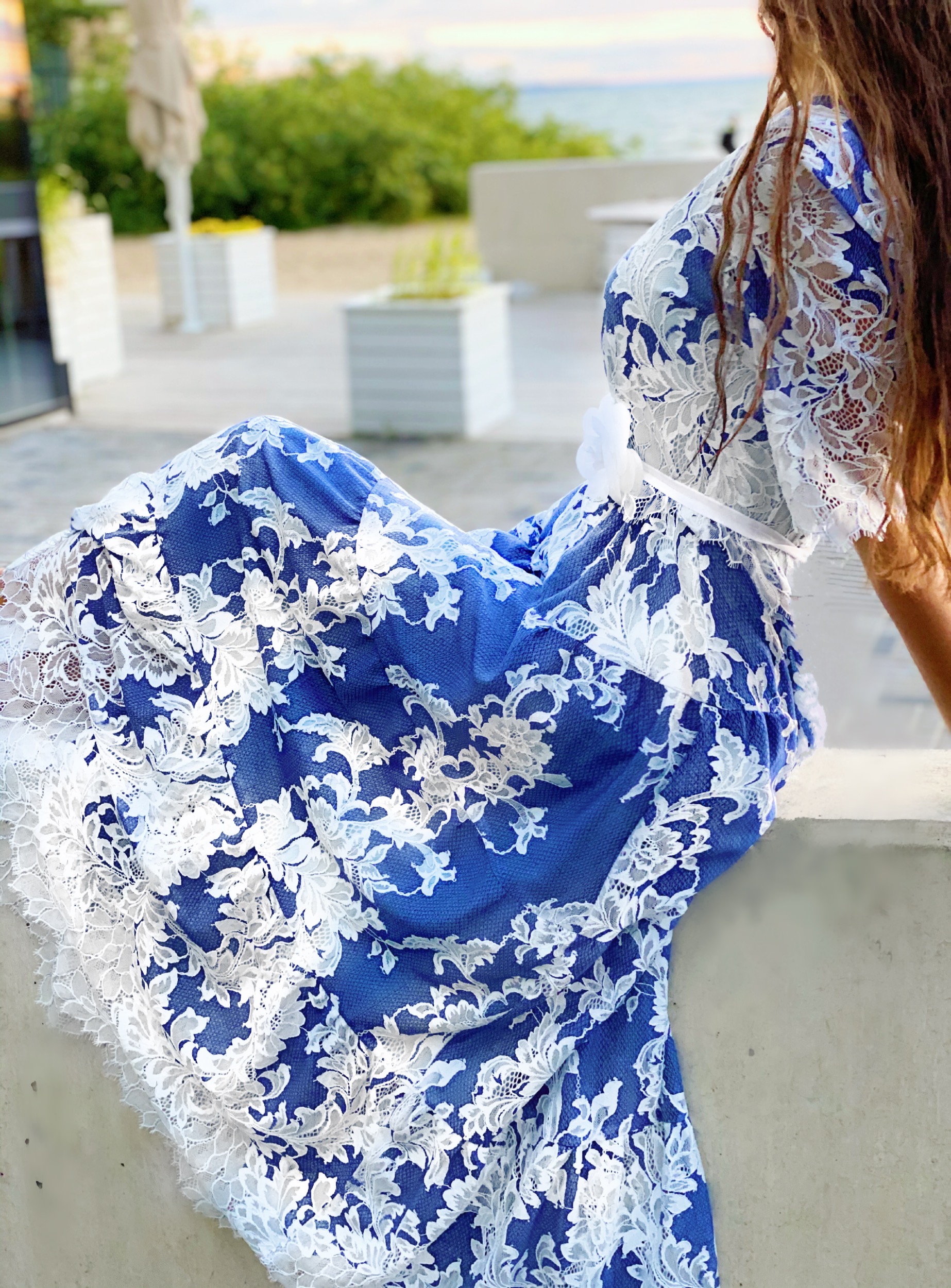 Sky blue lace dress with belt and under dress