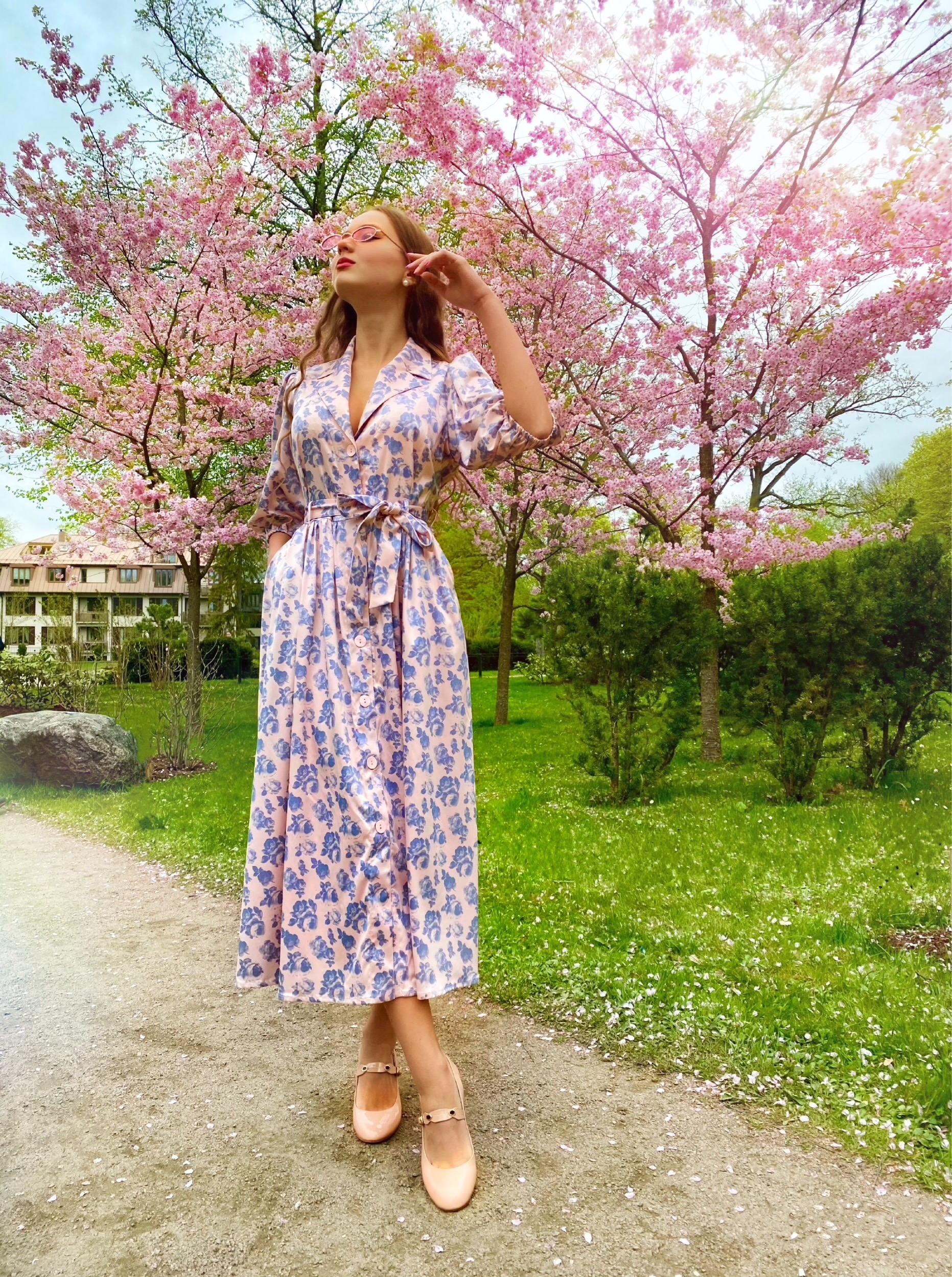 Grey flowers dusty pink silk dress