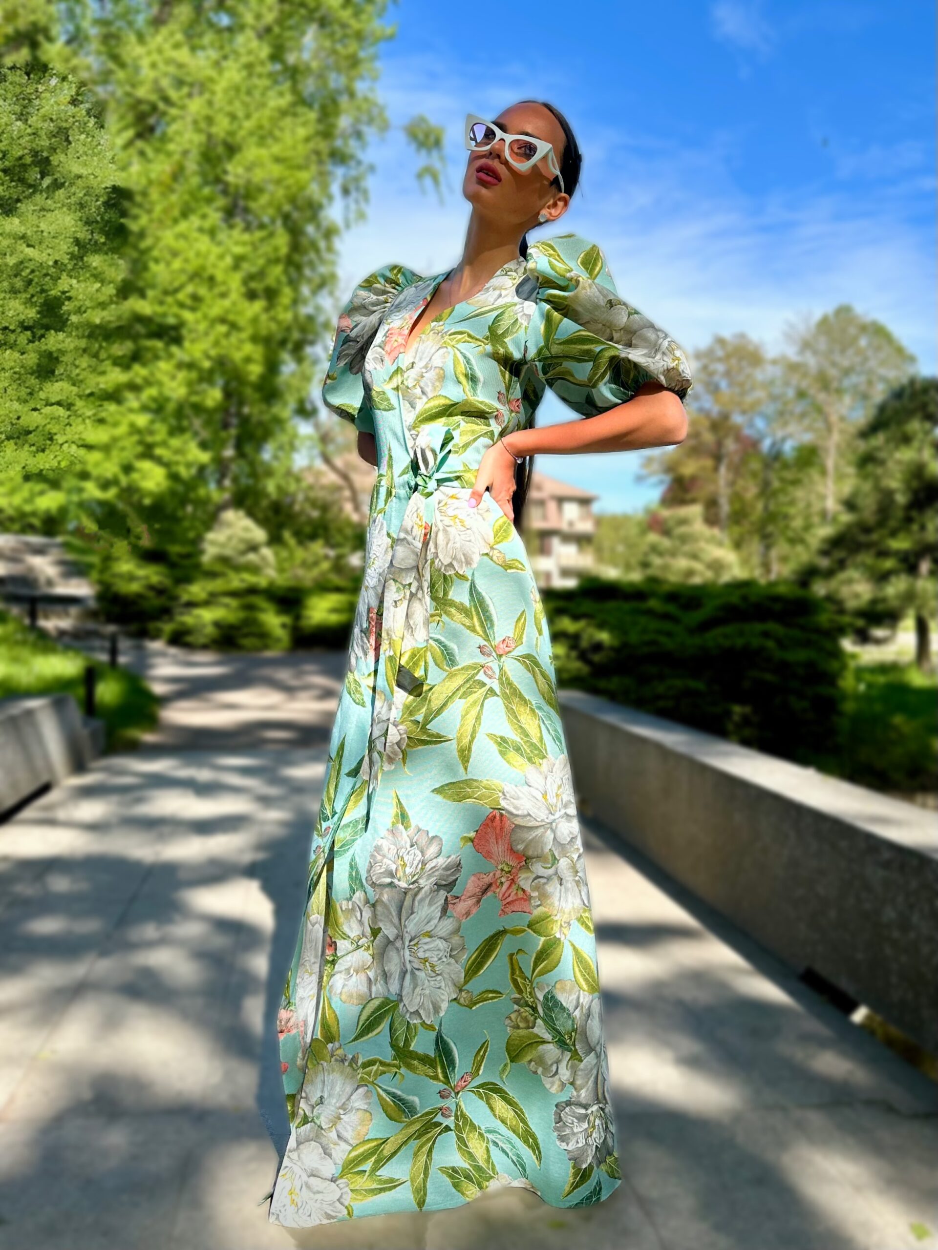 Spring Peons mint color Cotton long dress