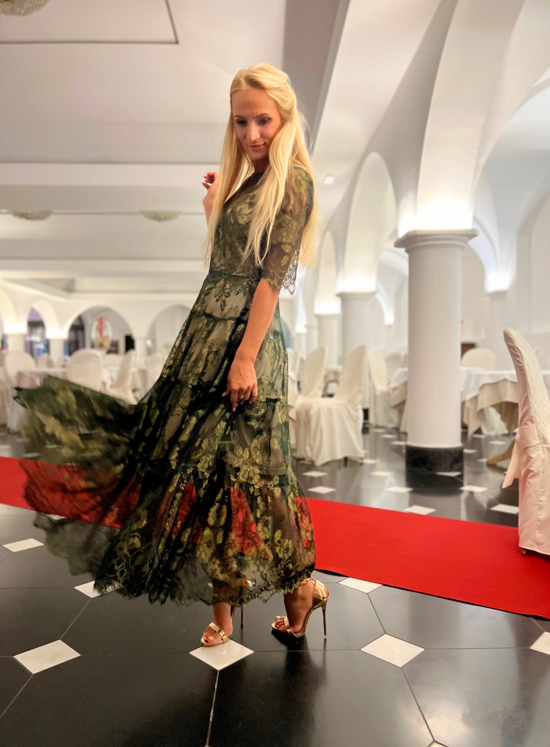Emerald golden green lace dress