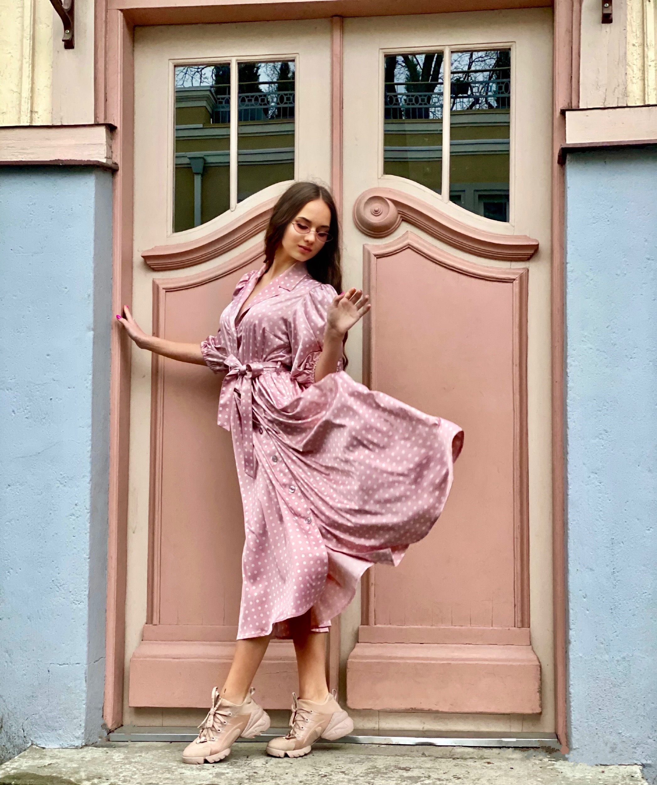 Silk blush rose polka dot dress