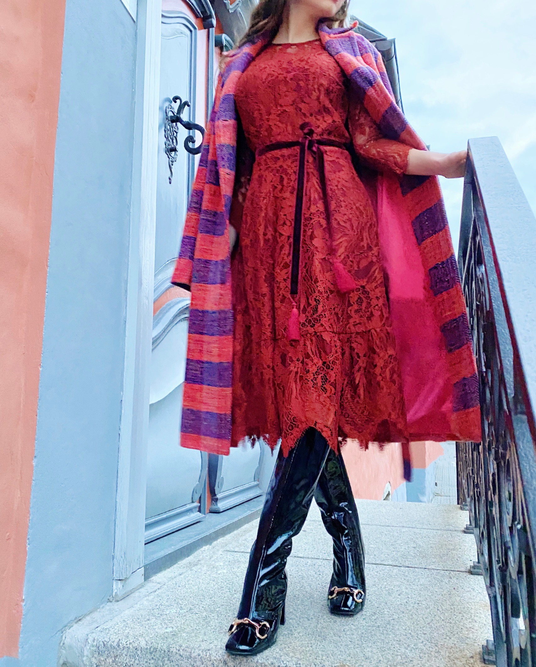 Terracotta lace dress with underdress and velvet belt