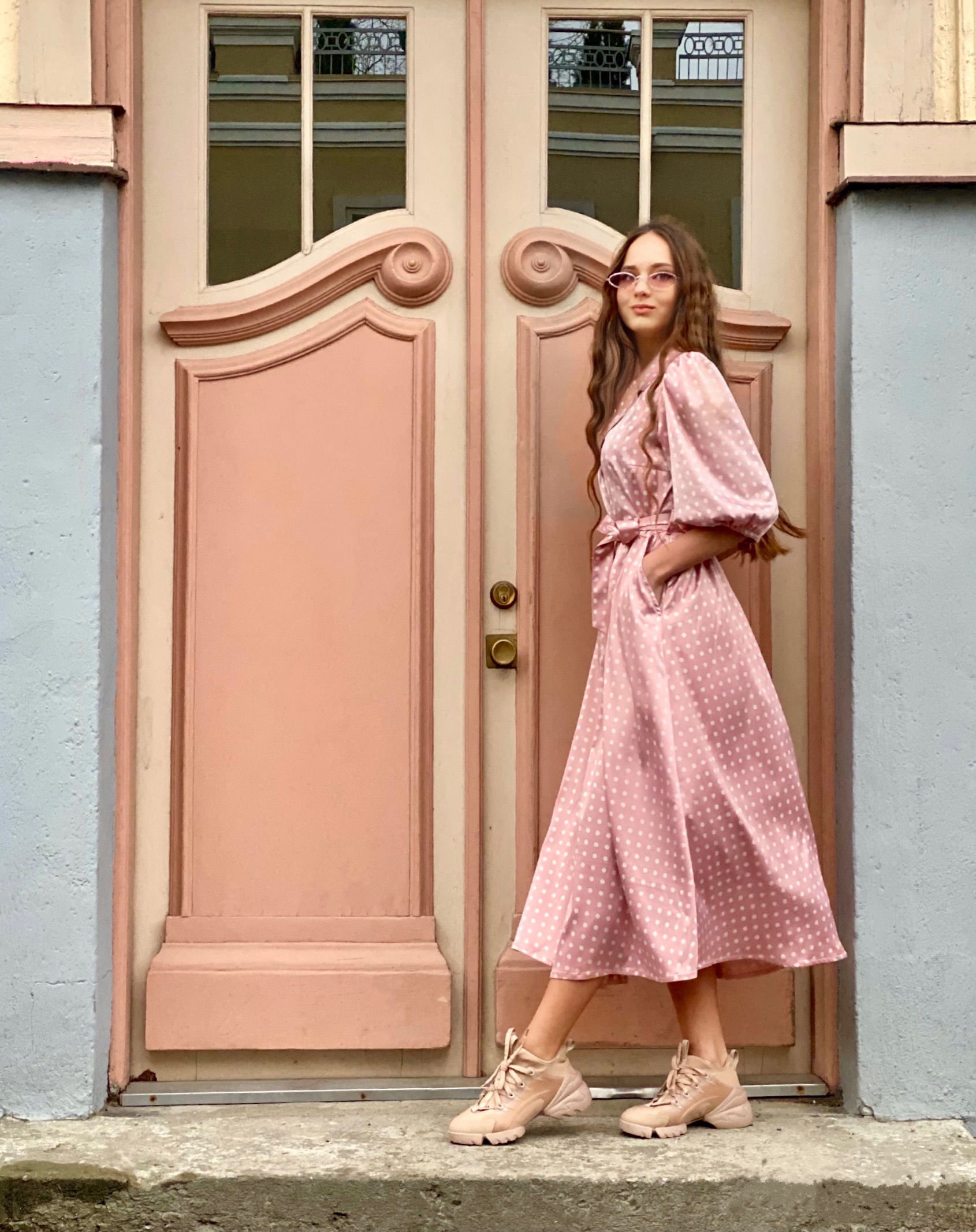 Silk blush rose polka dot dress