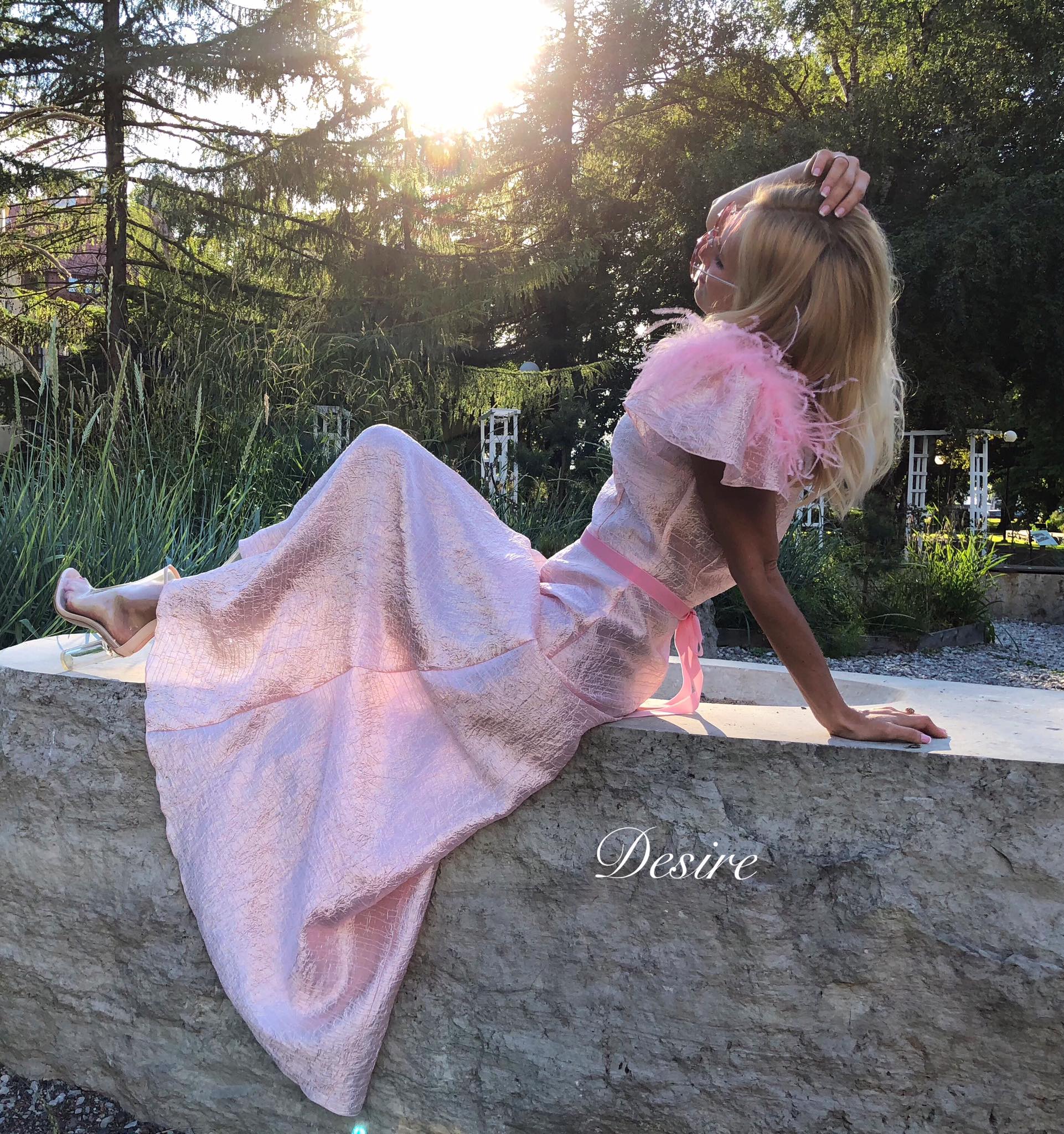 Pink feather long dress