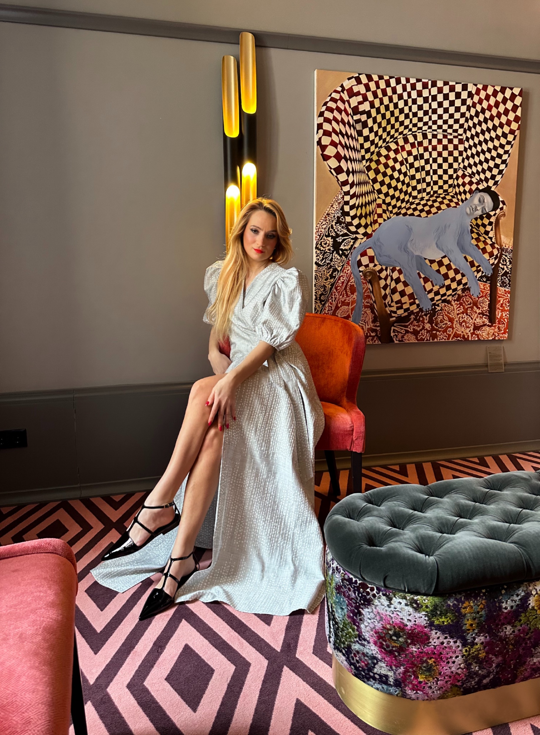 White-grey linen highlights long dress