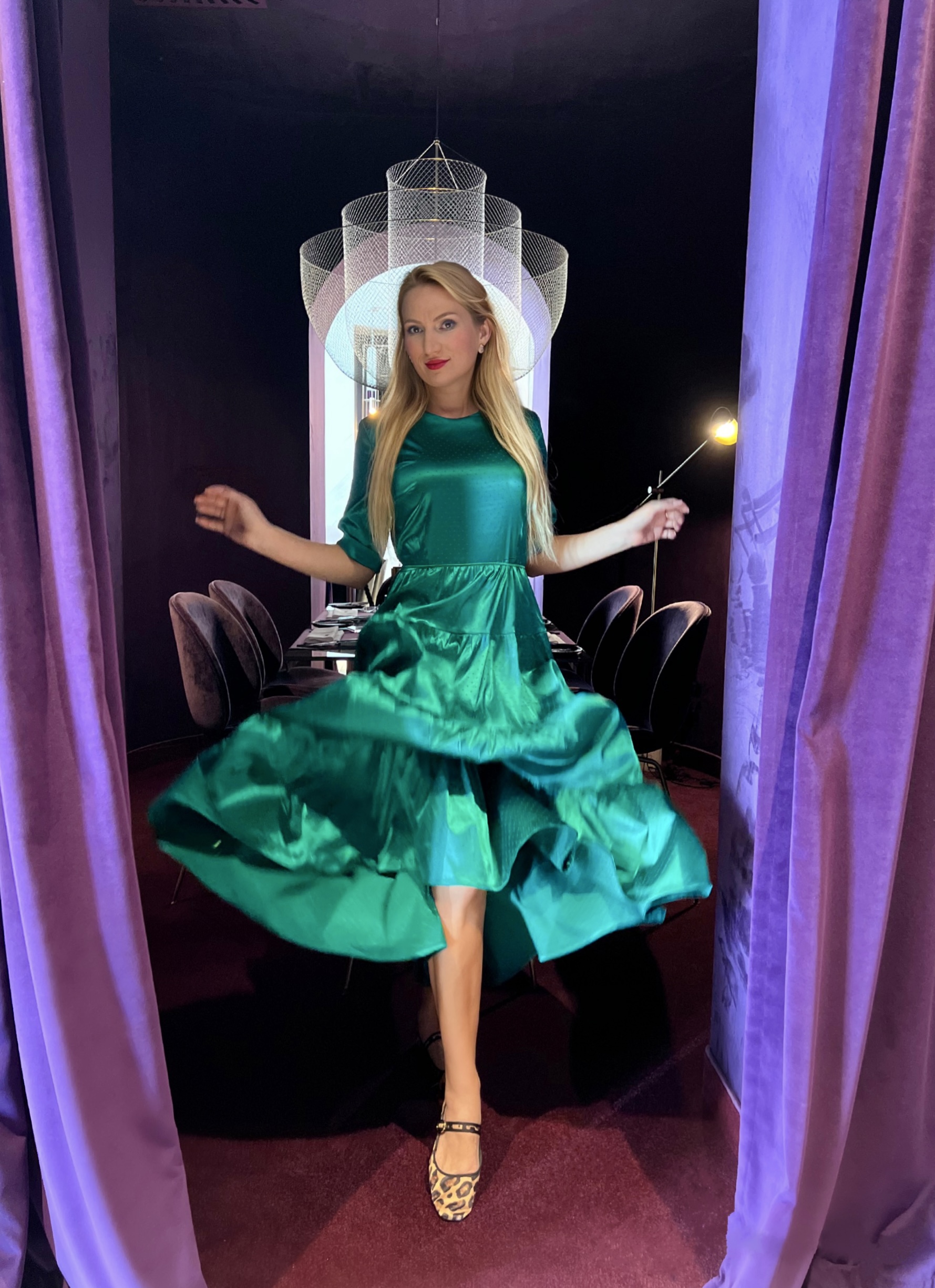 Amazing Emerald green silk dress with ruffles