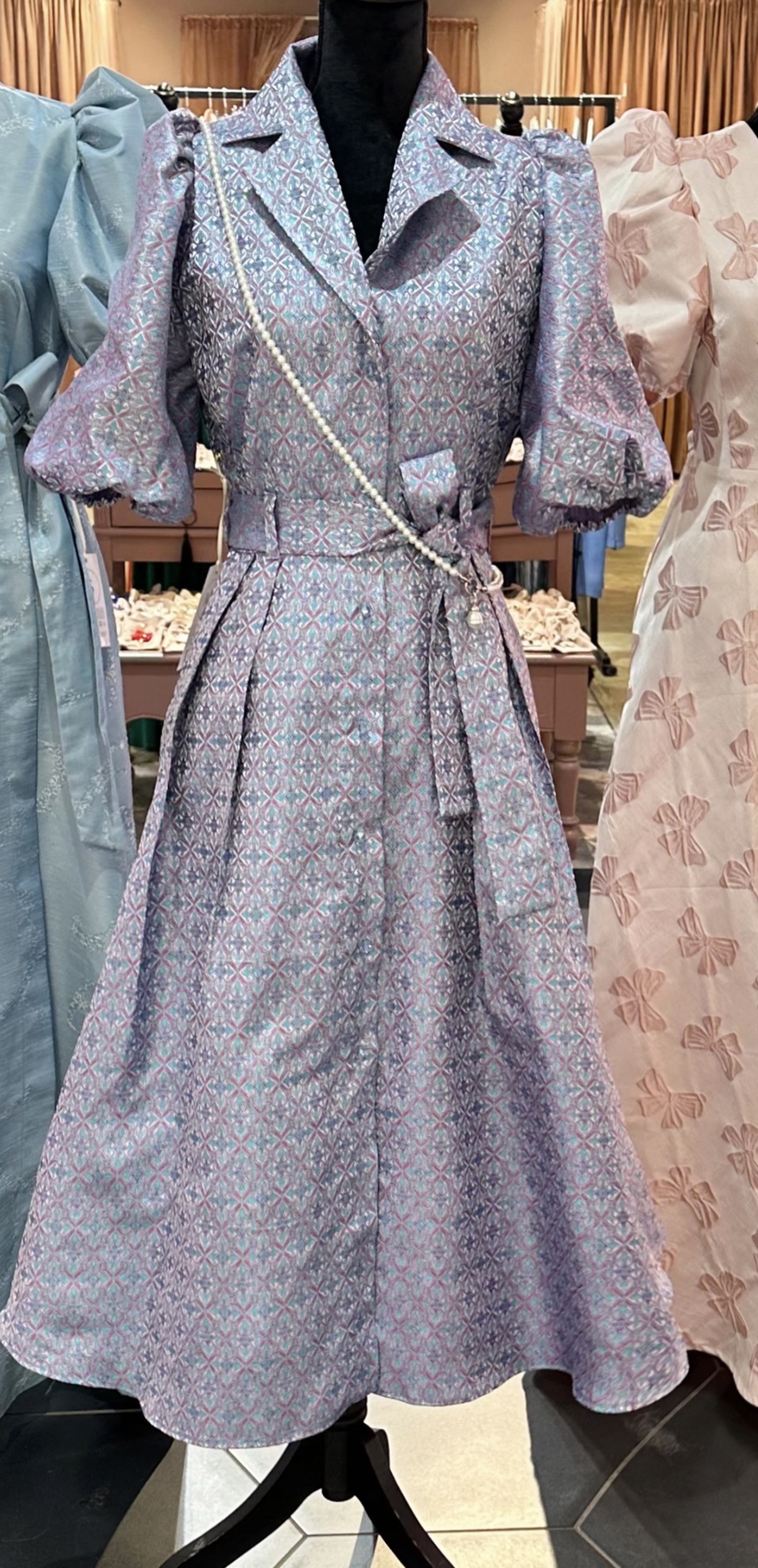 Blue & fuchsia ornamental dress with crystals buttons and pockets