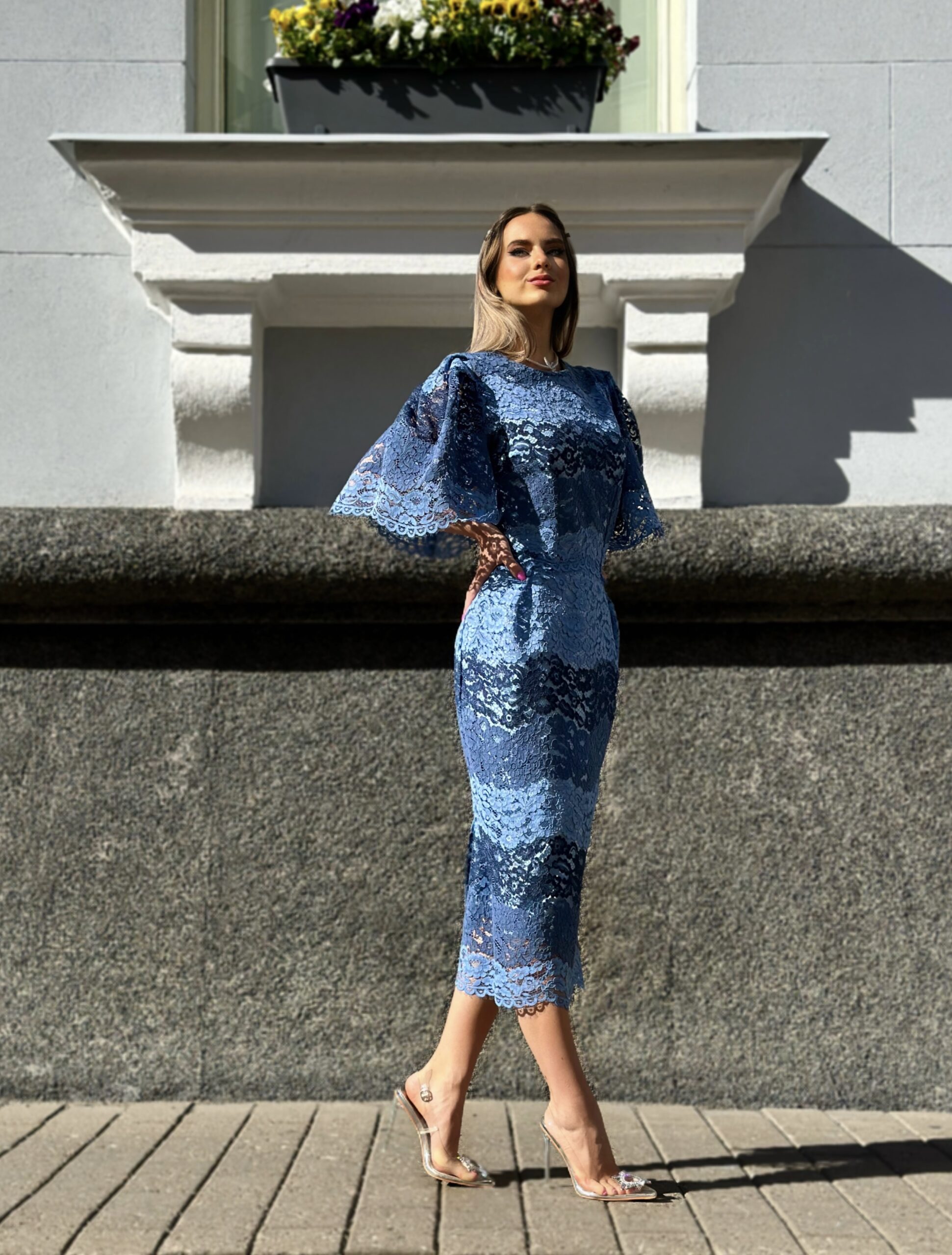 Baby blue lux lace pencil dress