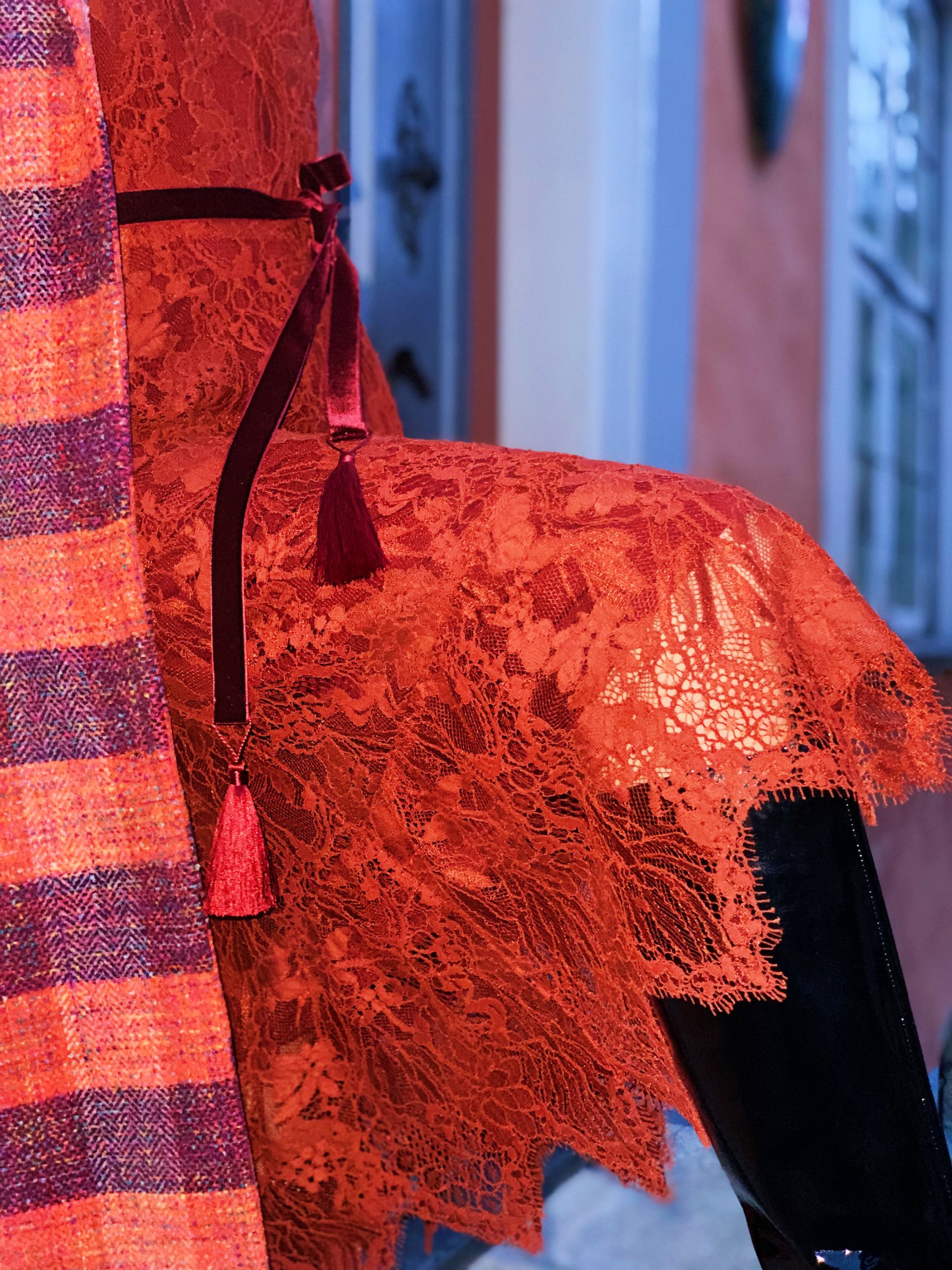 Terracotta lace dress with underdress and velvet belt