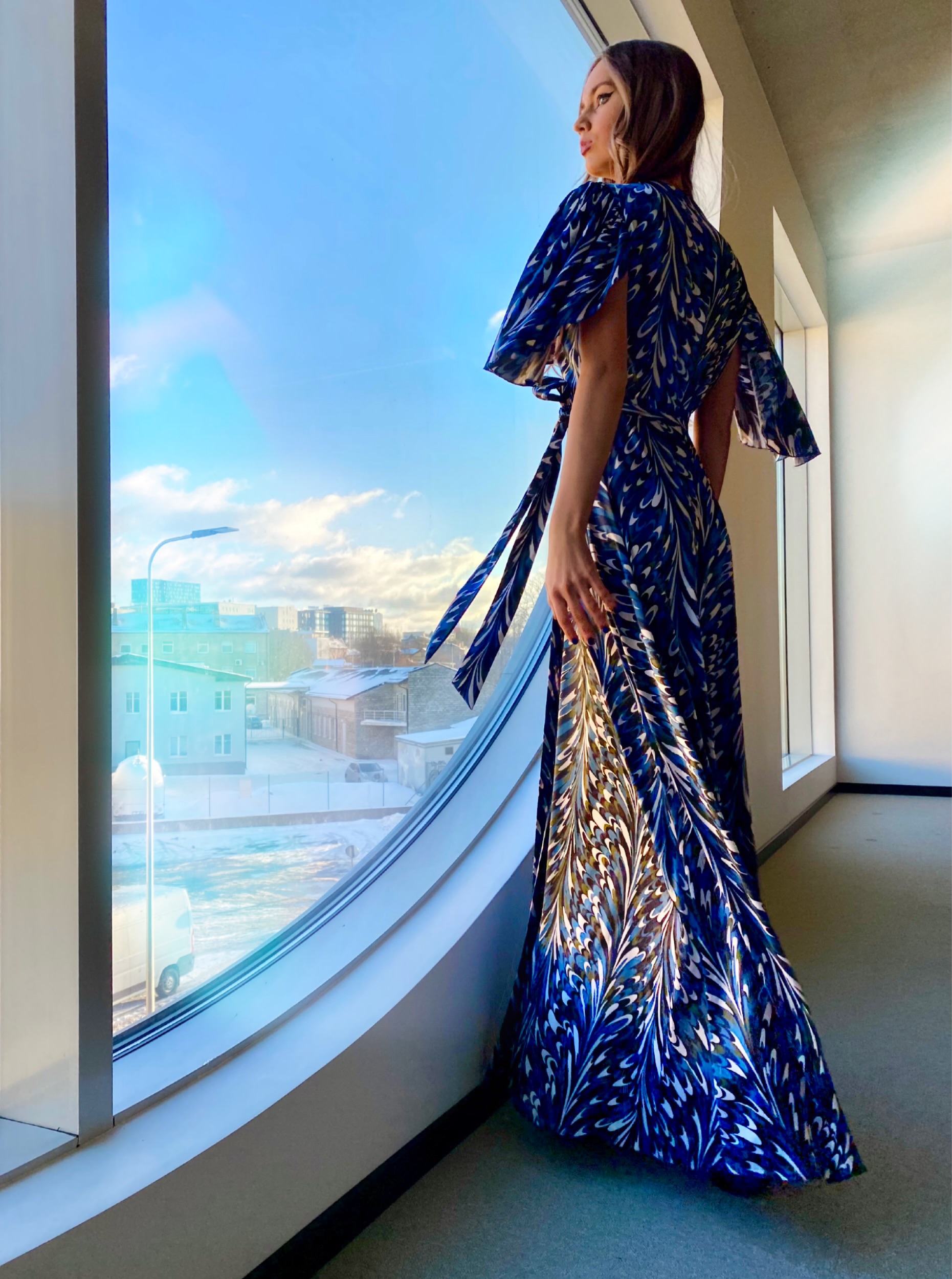 Silk long waterfall dress