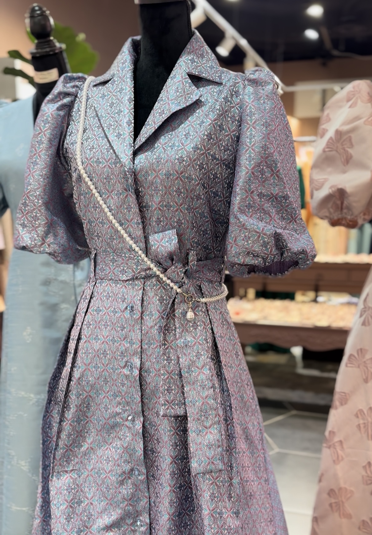 Blue & fuchsia ornamental dress with crystals buttons and pockets
