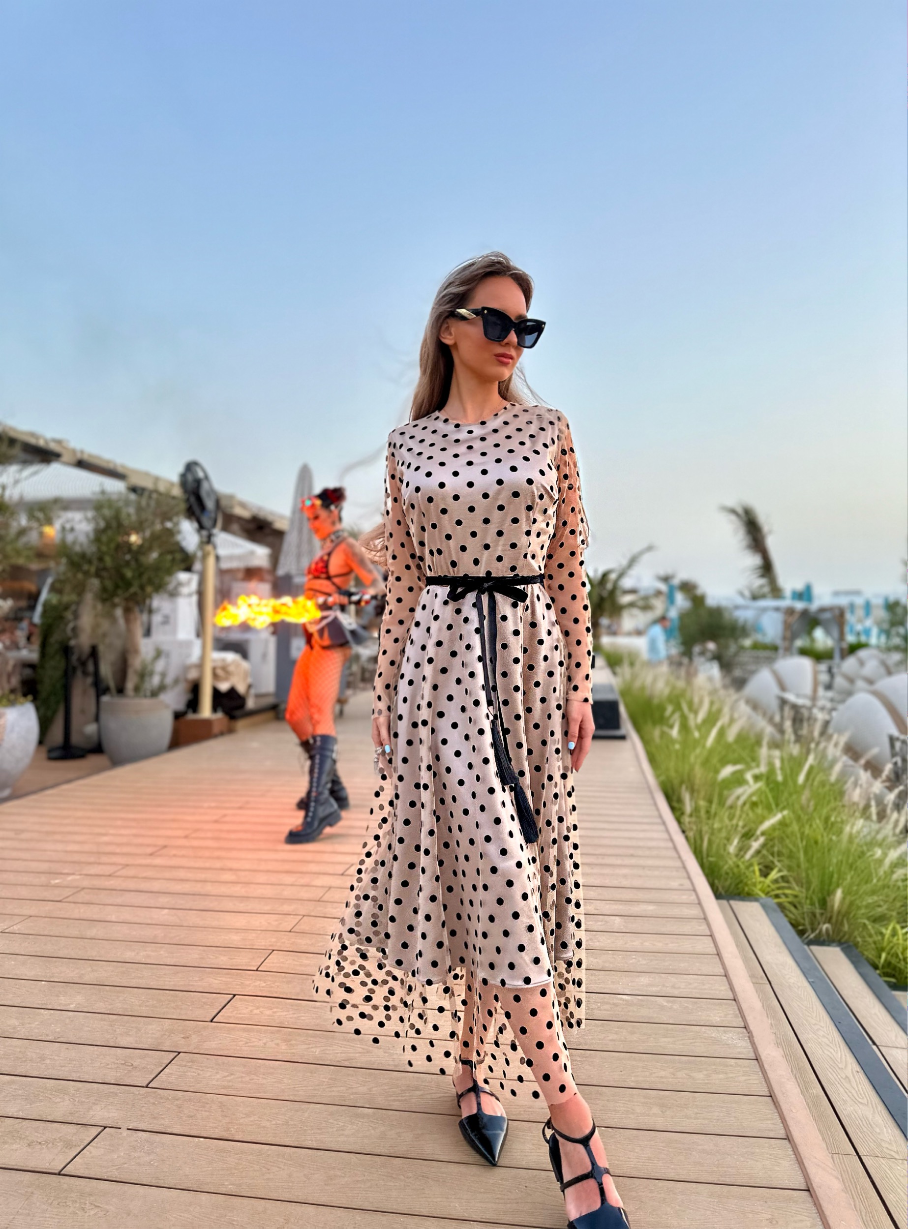 Black velvet polka dot double dress with belt