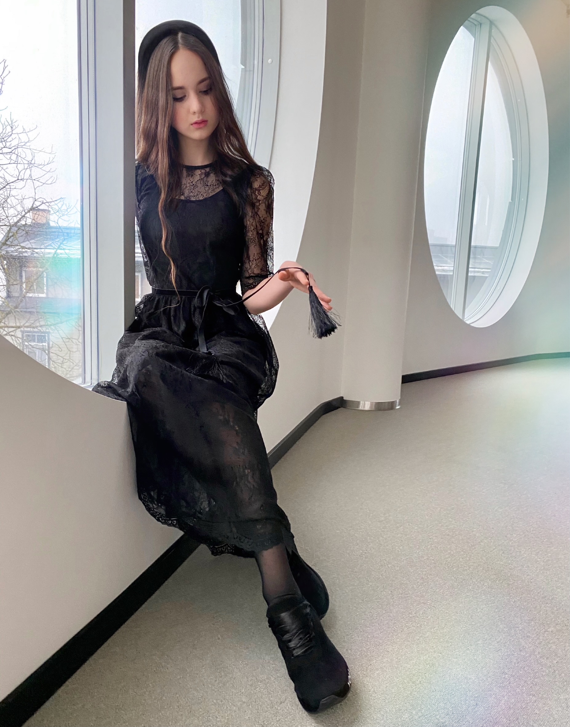 Azure lace black color dress with belt and underdress