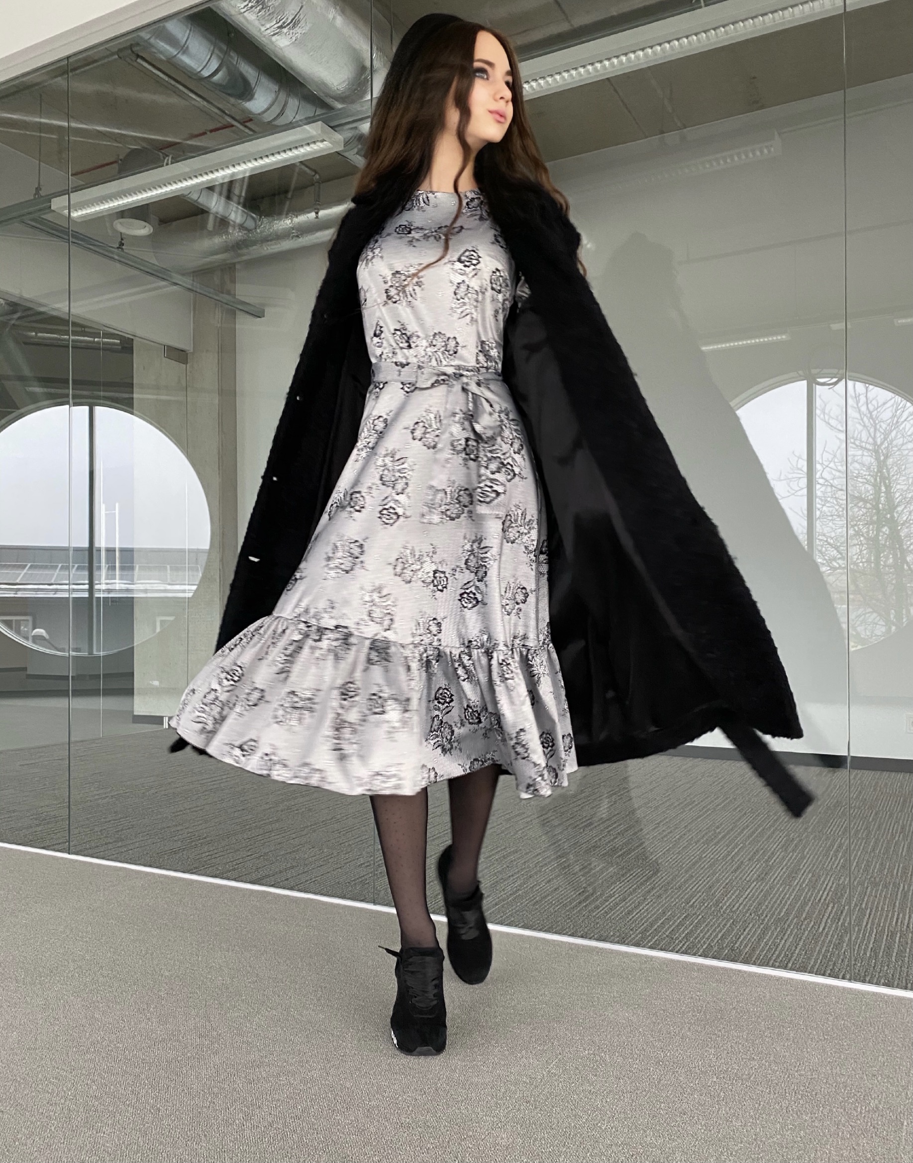 Fluffy black wool coat with silver buttons
