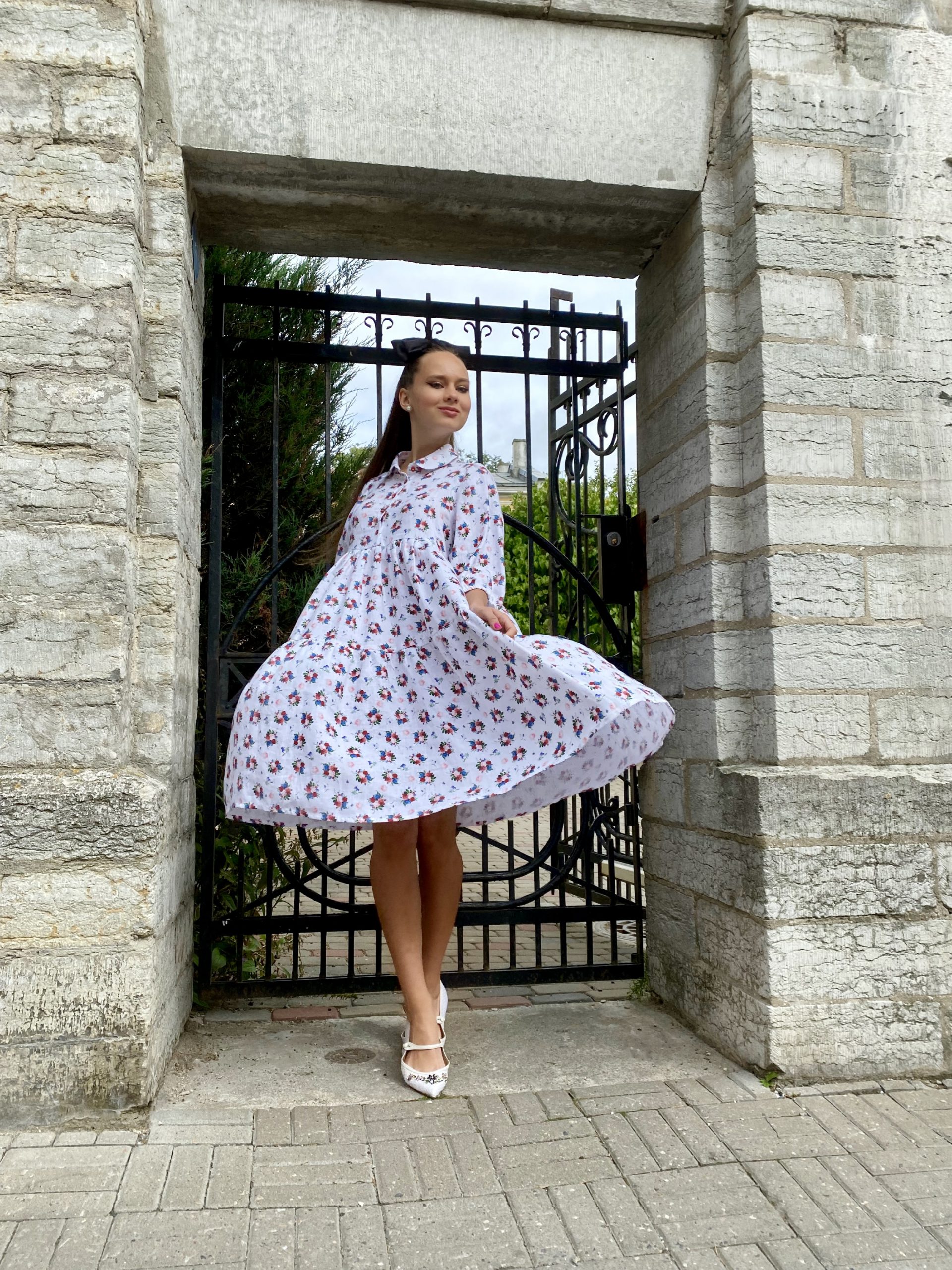 White with flowers volan dress