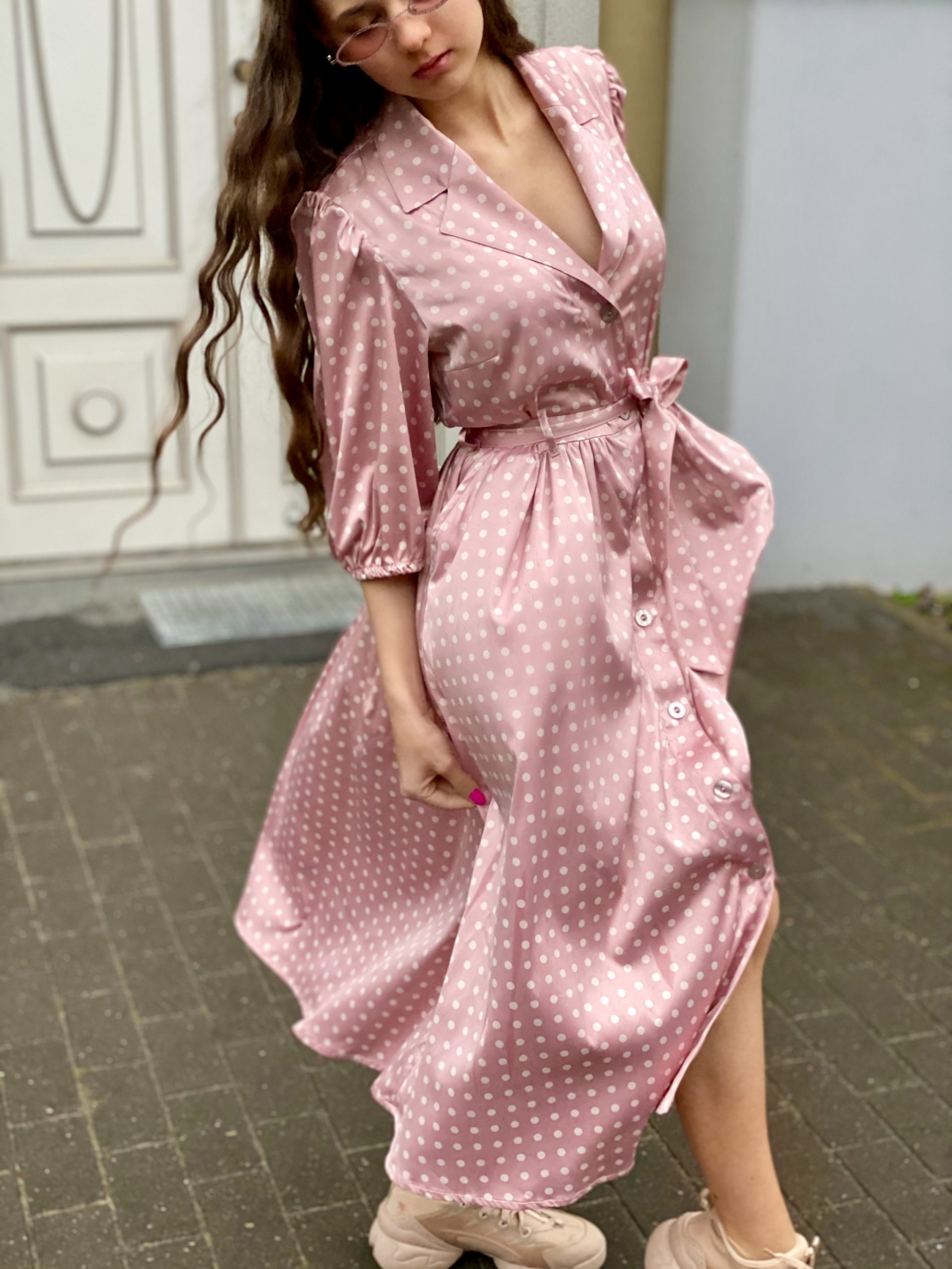 Silk blush rose polka dot dress